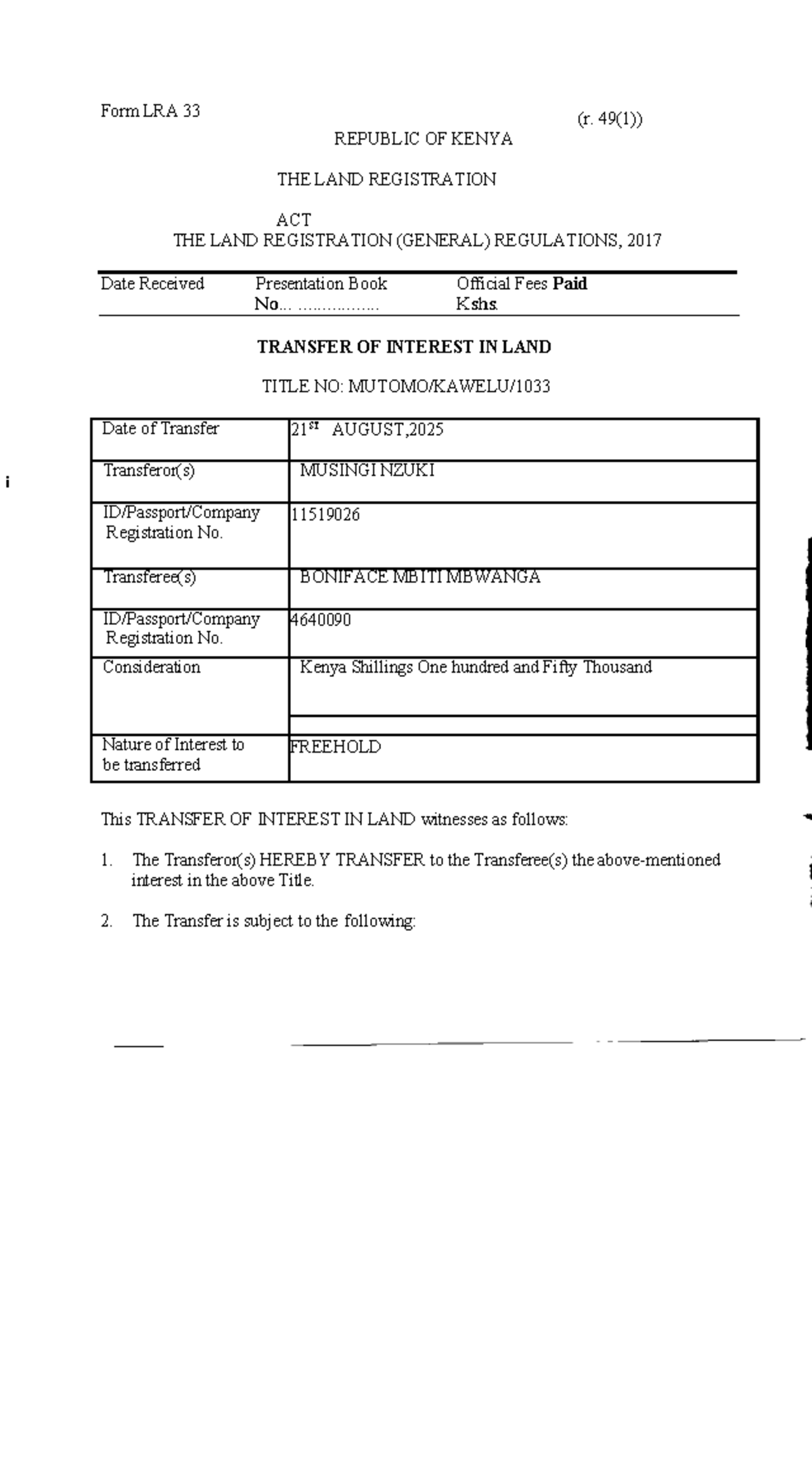 LRA 33 - Transfer of Interest in Land: Mbwanga Case Study - Studocu