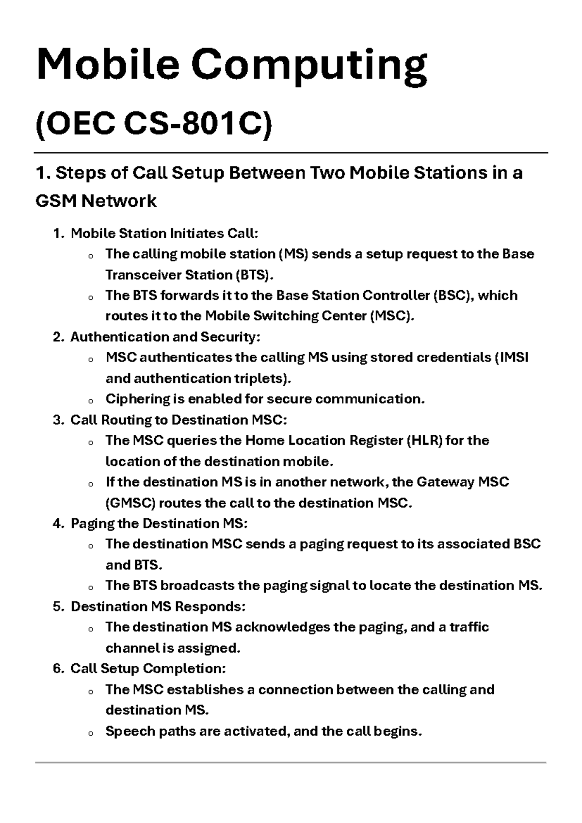 Mobile Computing (OEC 1): Call Setup Steps in GSM & CDMA Overview - Studocu