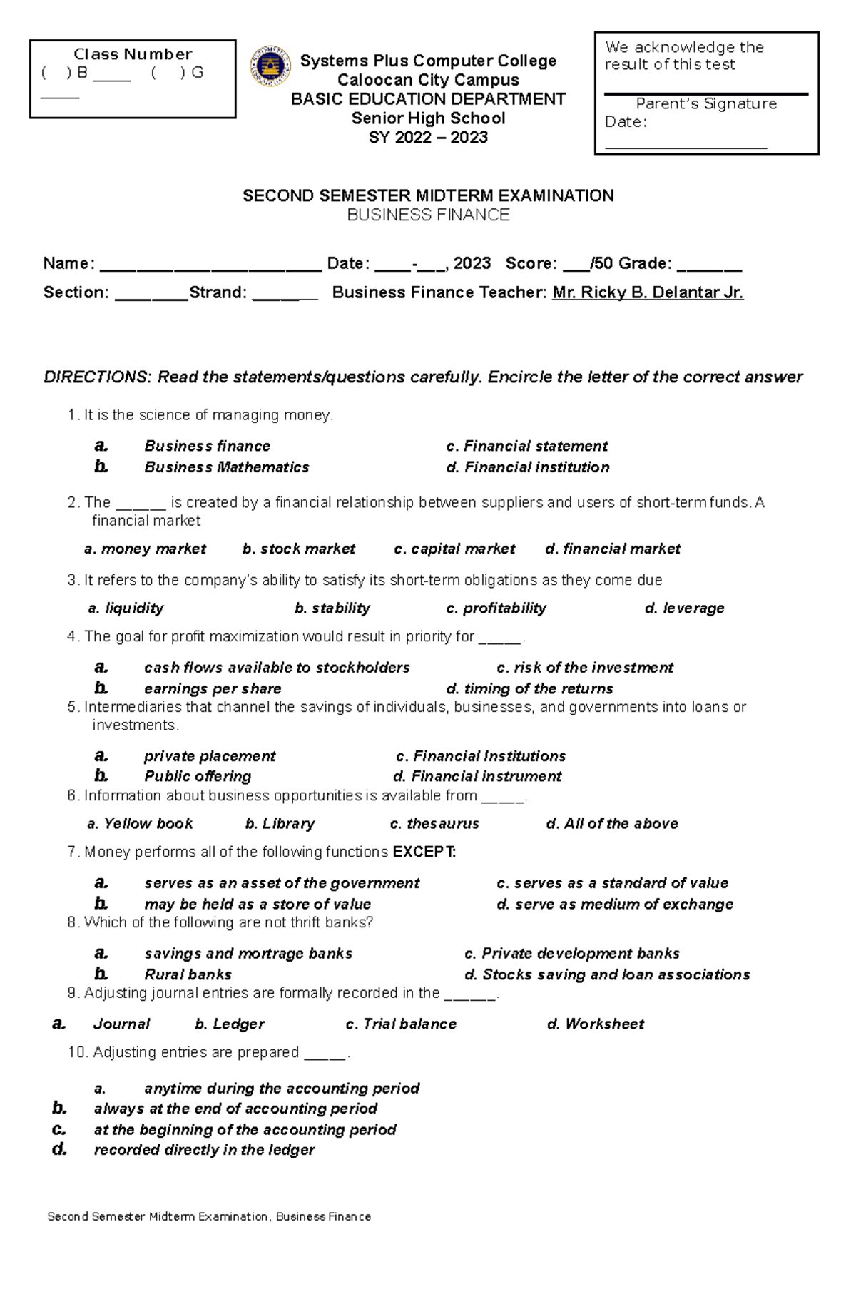 Business Finance Midterm Exam Questions & Answers (SY 2022-2023) - Studocu