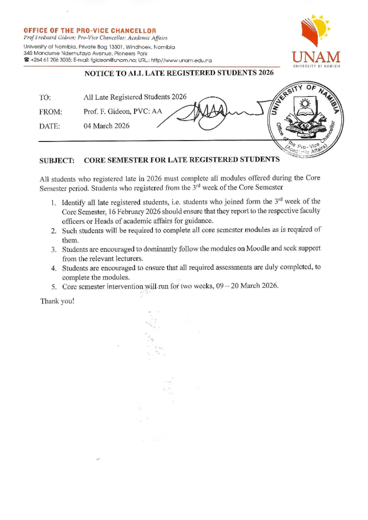 Notice to Late Registered Students 2026: Core Semester Guidelines - Studocu