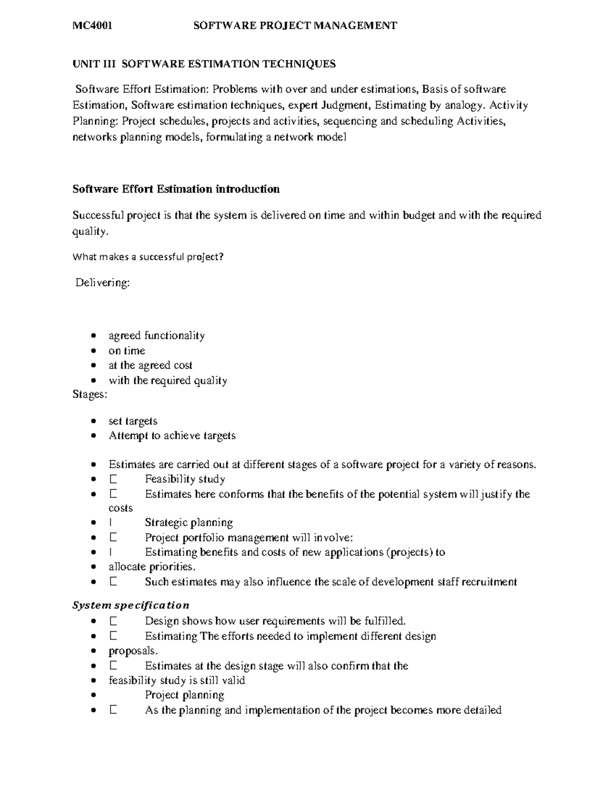 MC4001 Software Project Management: Estimation Techniques & Planning ...