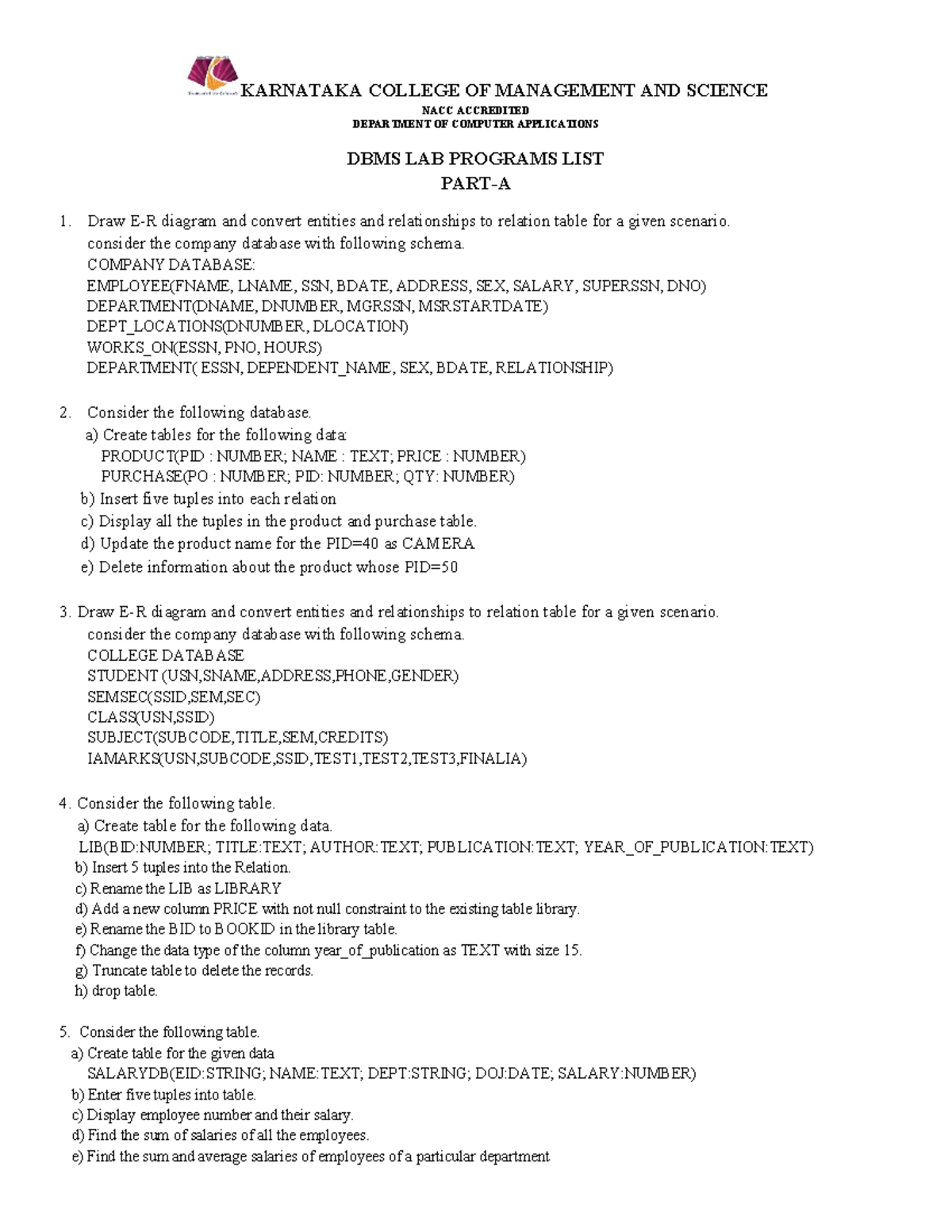 DBMS LAB QP - Second Sem Database Question Paper and Programs Guide ...