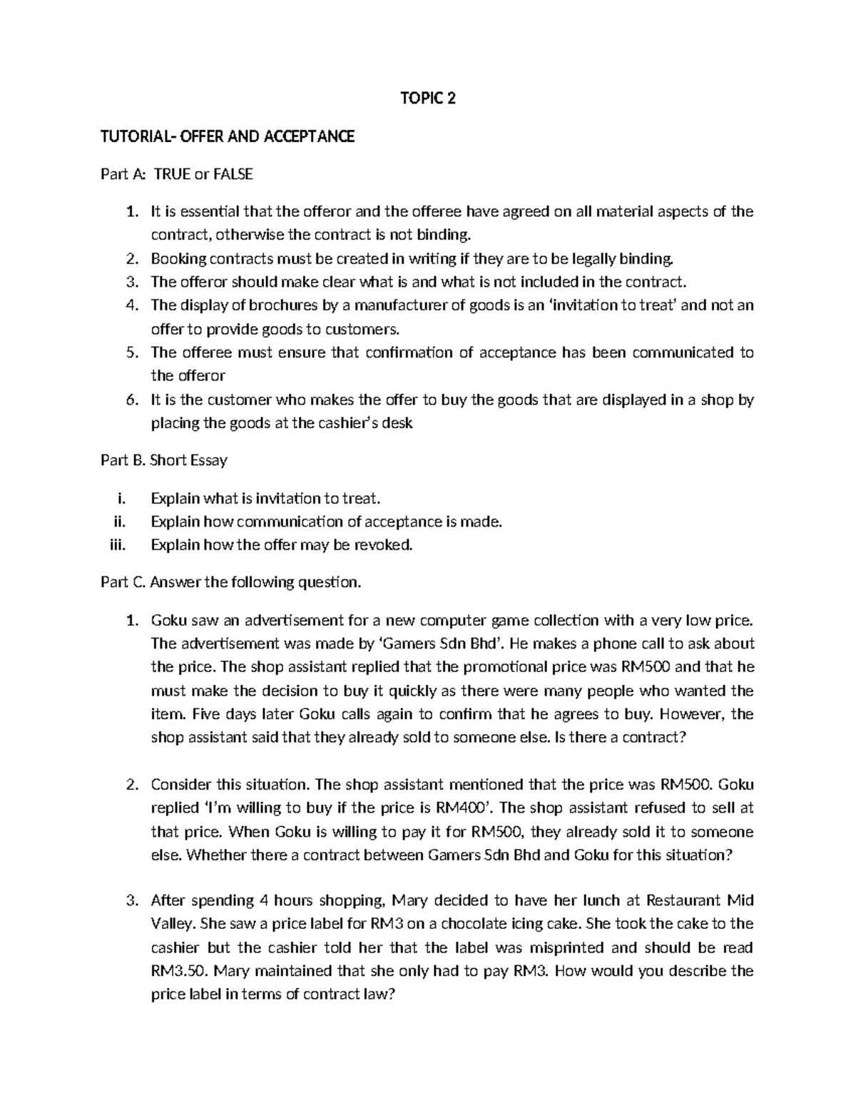 Tutorial 2 - TOPIC 2 TUTORIAL- OFFER AND ACCEPTANCE Part A: TRUE or ...