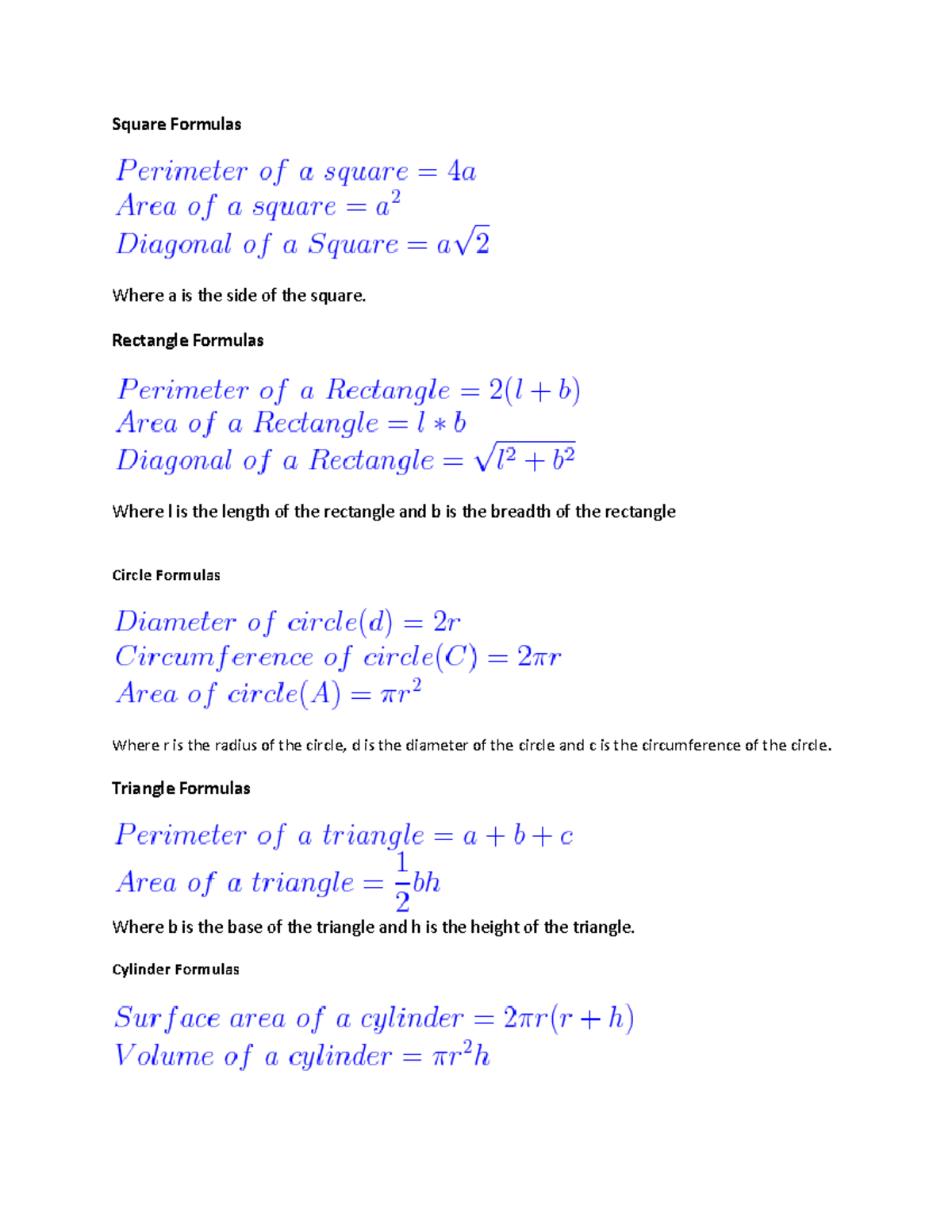 Formulas - b bbbbbbbbbbbbbbbbbbbbbbbbbb - Square Formulas Where a is ...