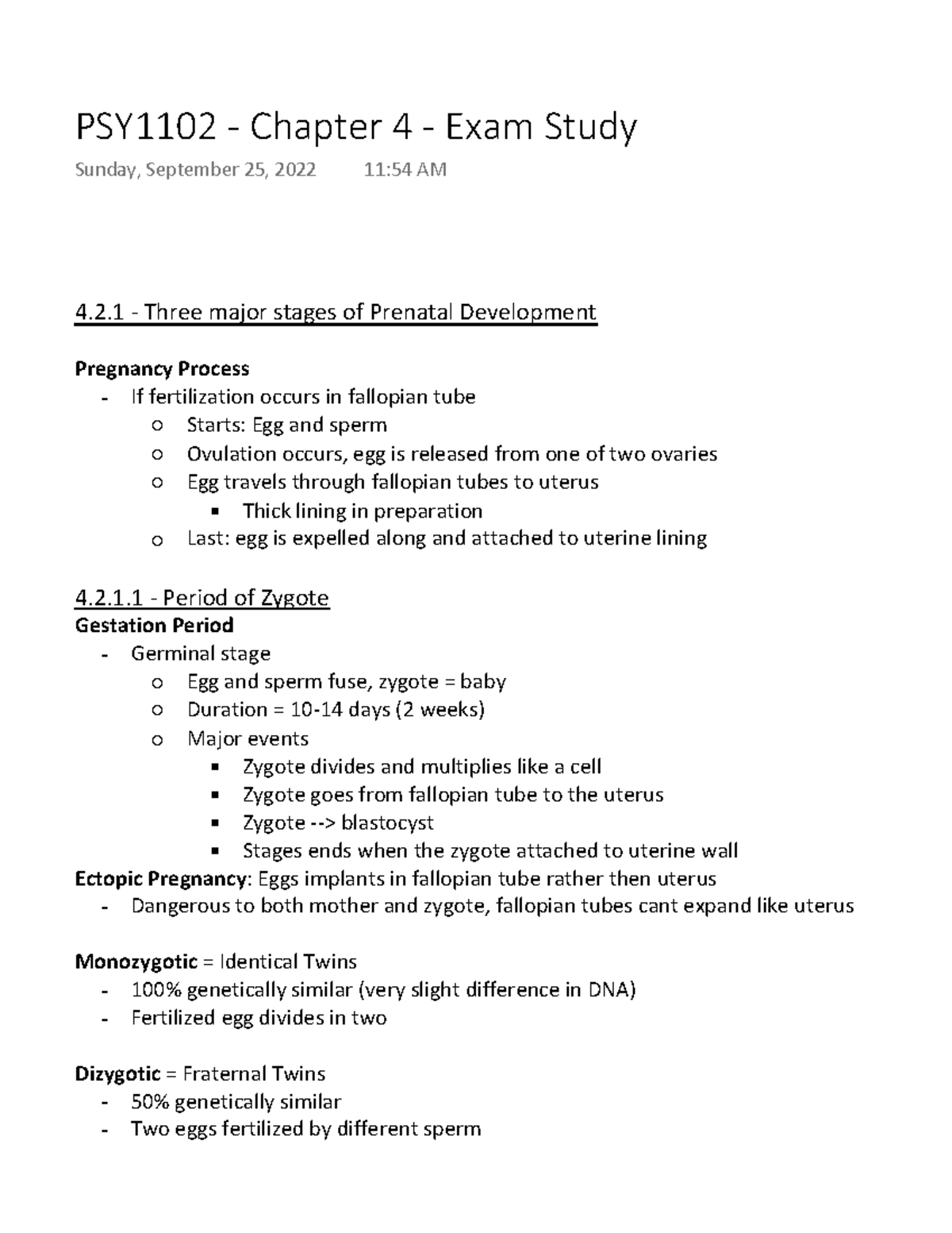 PSY1102 - Chapter 4 - Exam Study - 4.2 - Three major stages of Prenatal ...