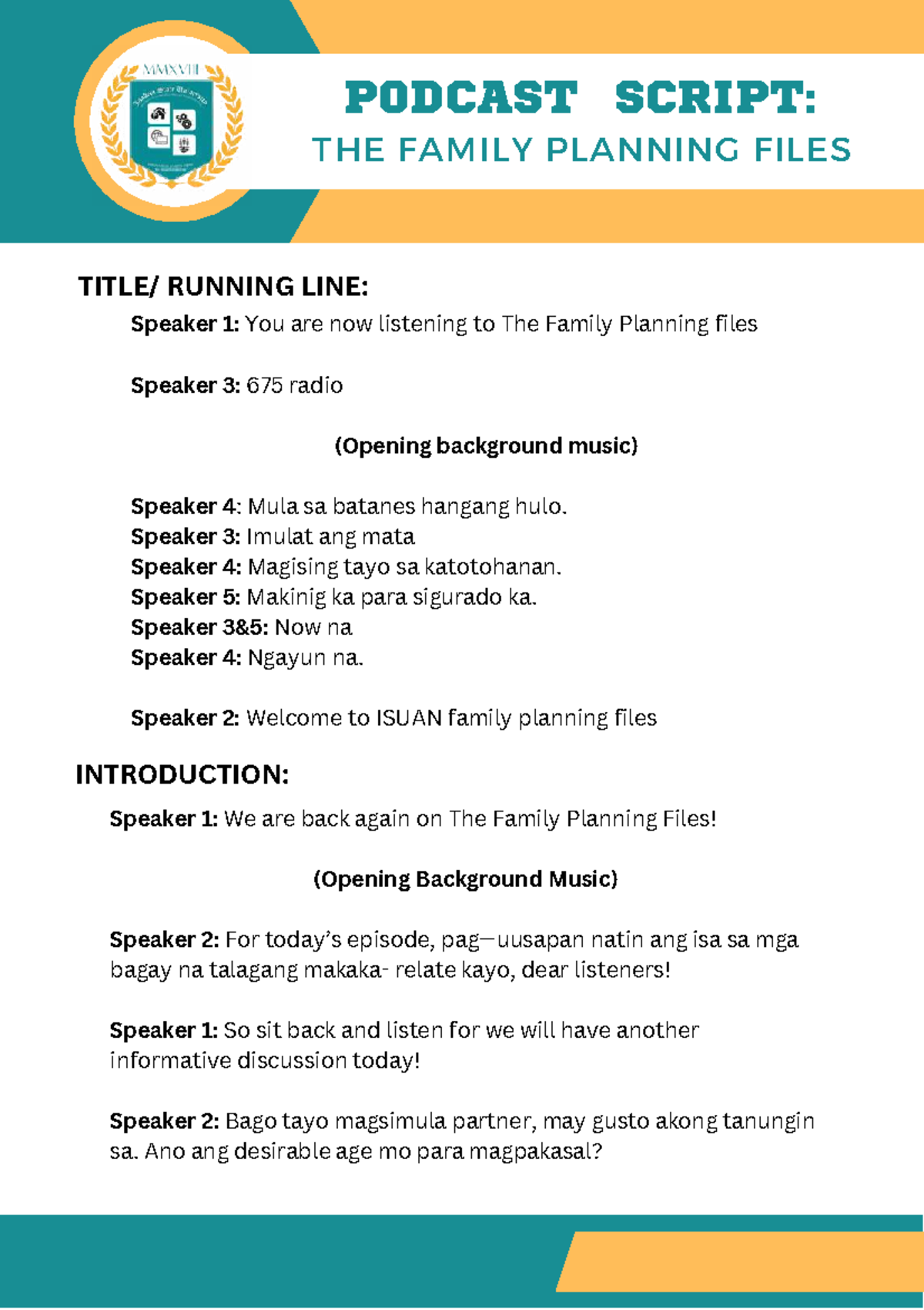 PODCAST SCRIPT: MARRIAGE & FAMILY PLANNING DISCUSSION - Studocu