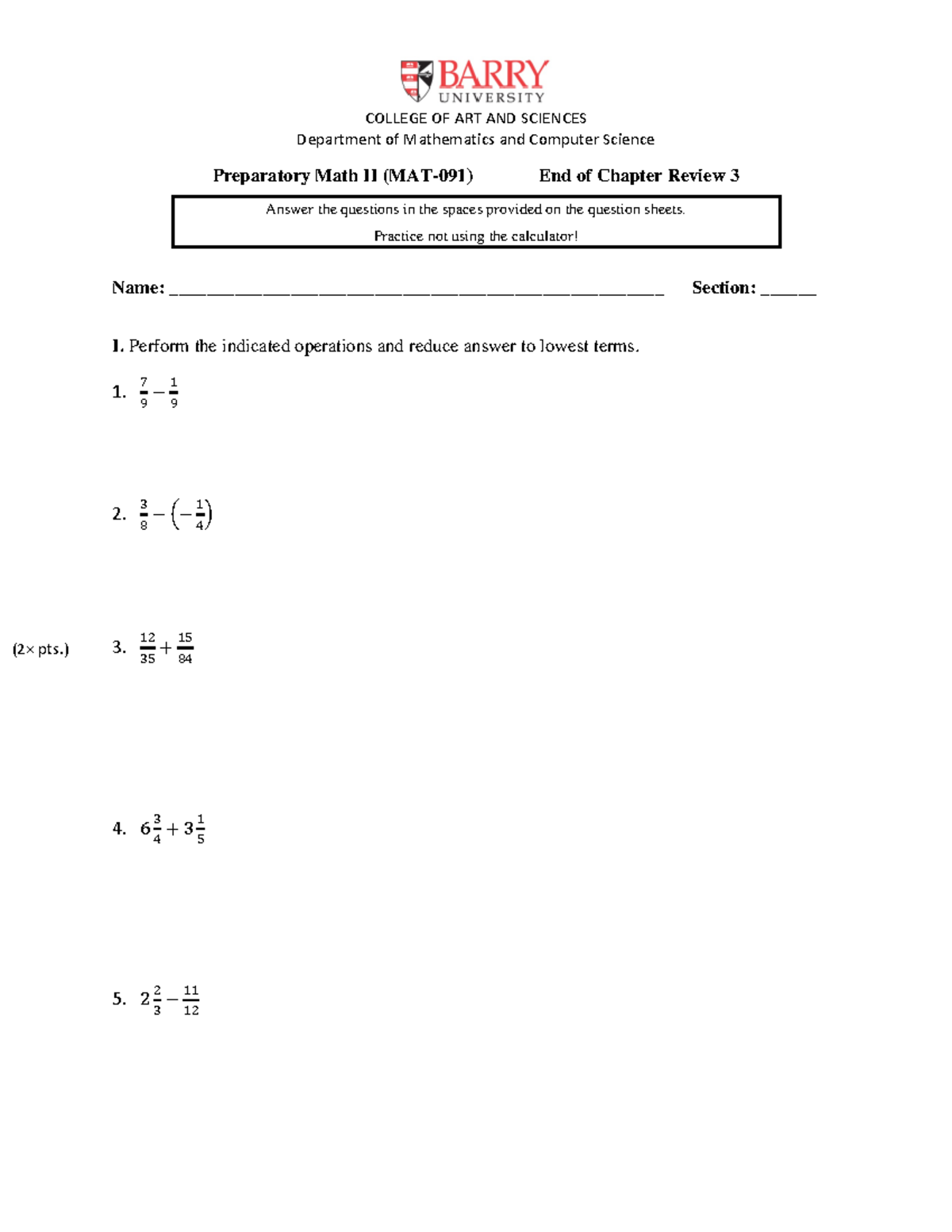Preparatory Math II (MAT-091) End of Chapter Review 3 - Practice not ...