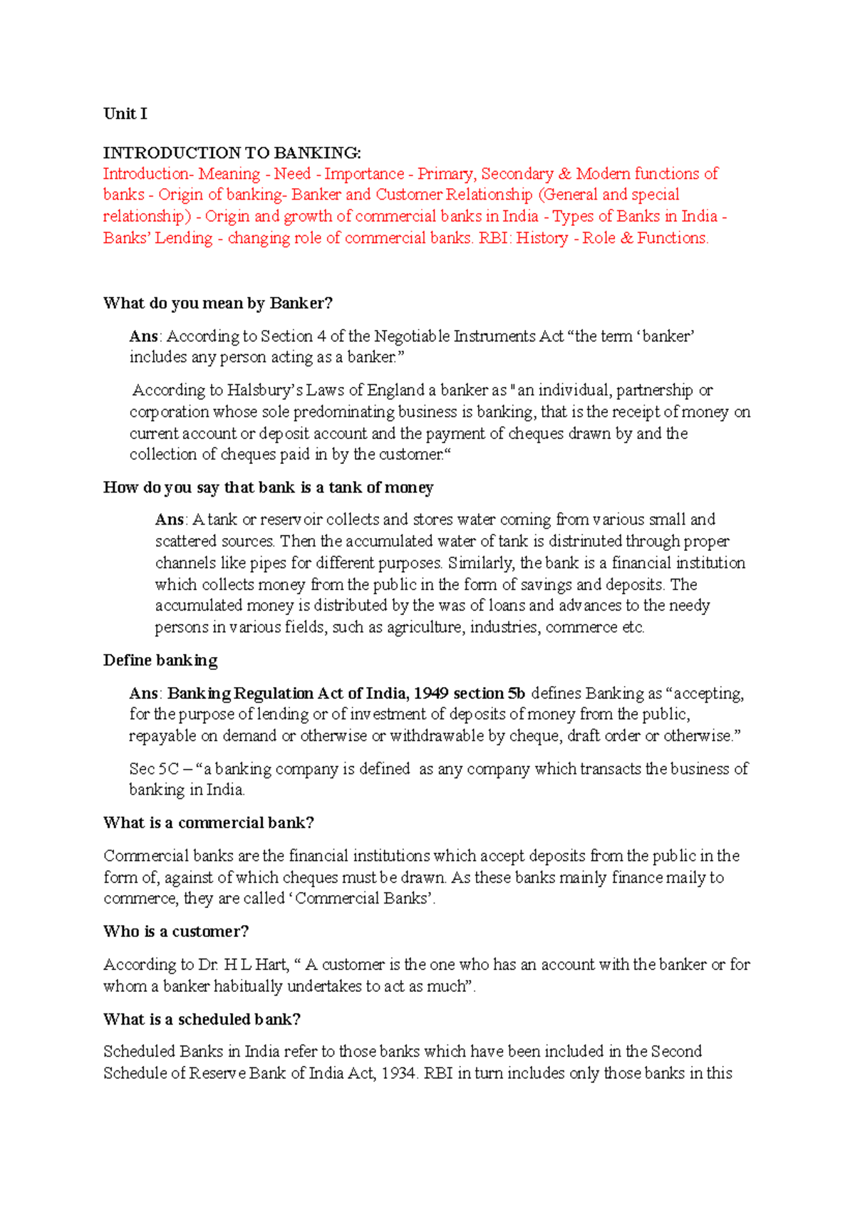 Law and Practice of Banking: Unit 1 Notes Overview and Analysis - Studocu