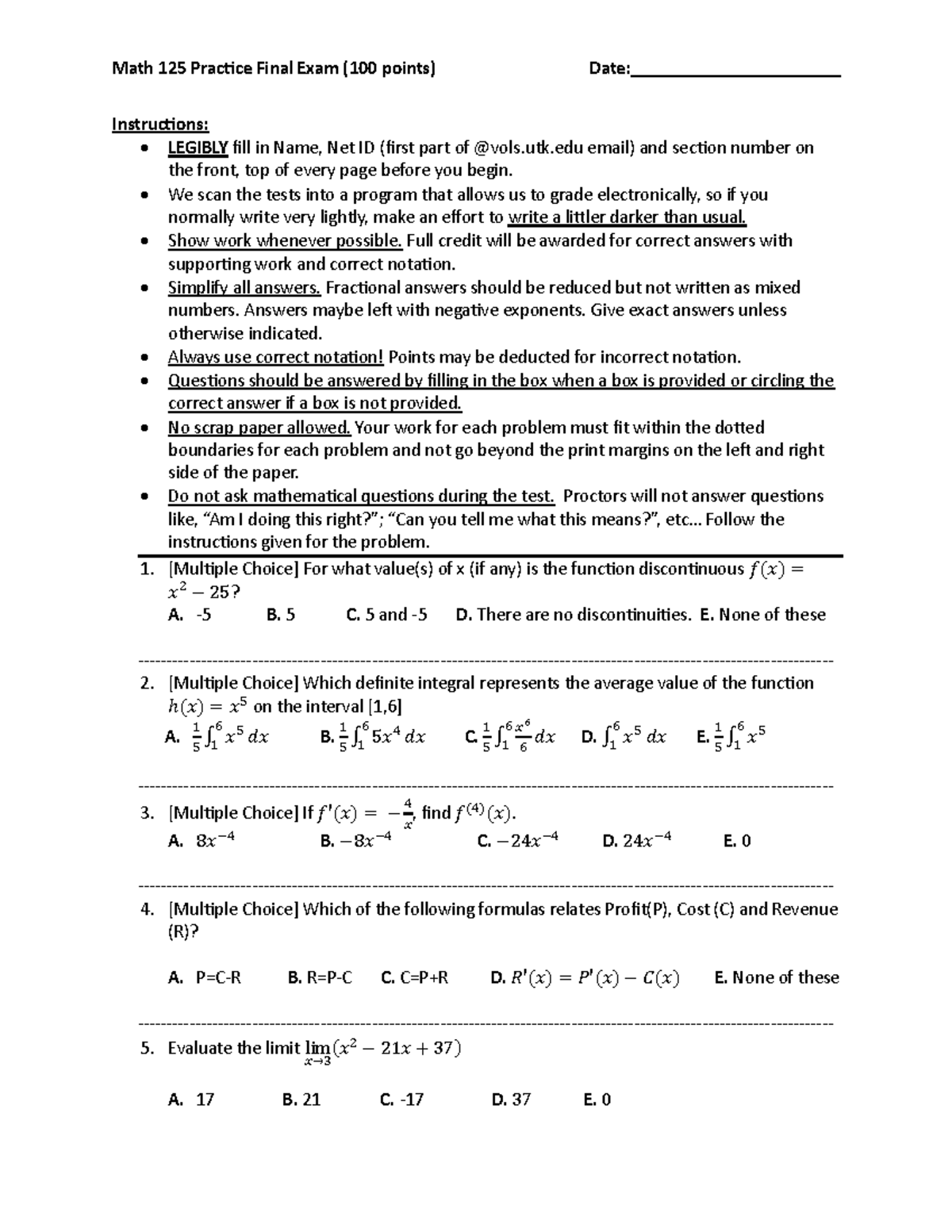 Math 125 Practice Final Exam Review Questions and Answers - Studocu