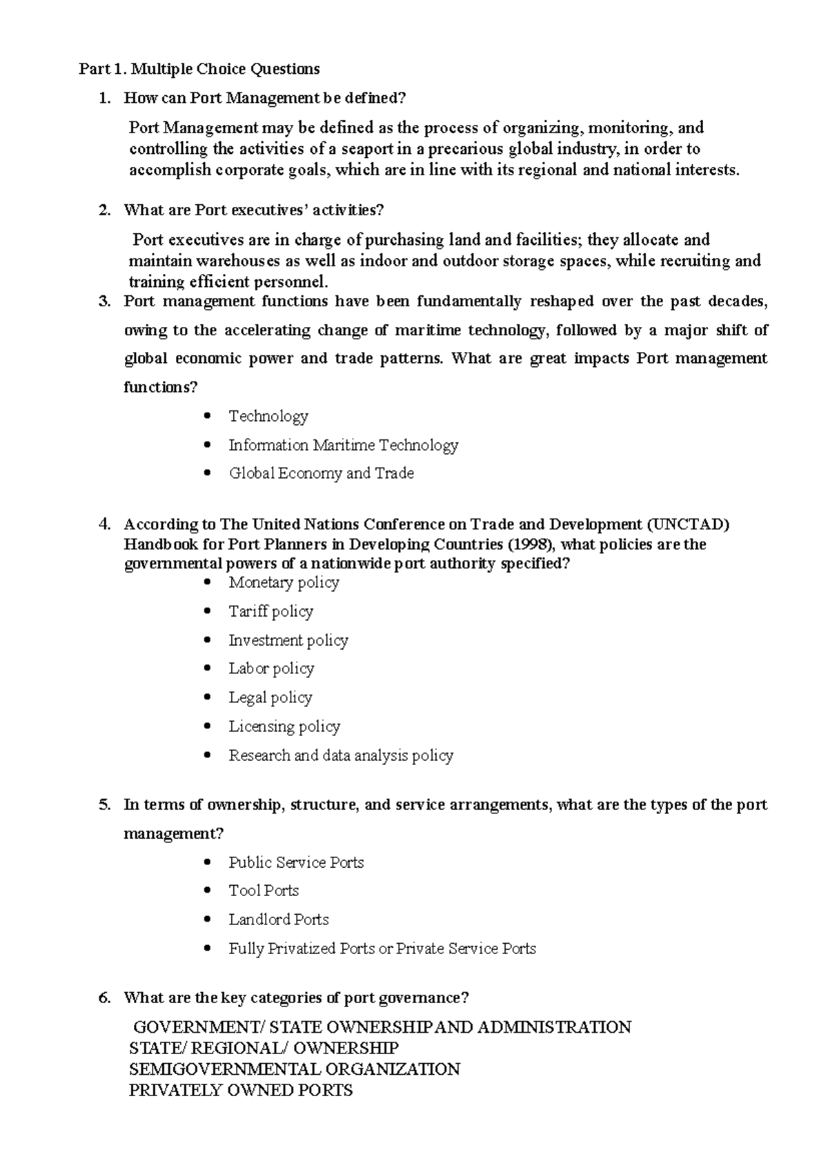Port Management Final Exam Review for Course Code PM-401 - Studocu