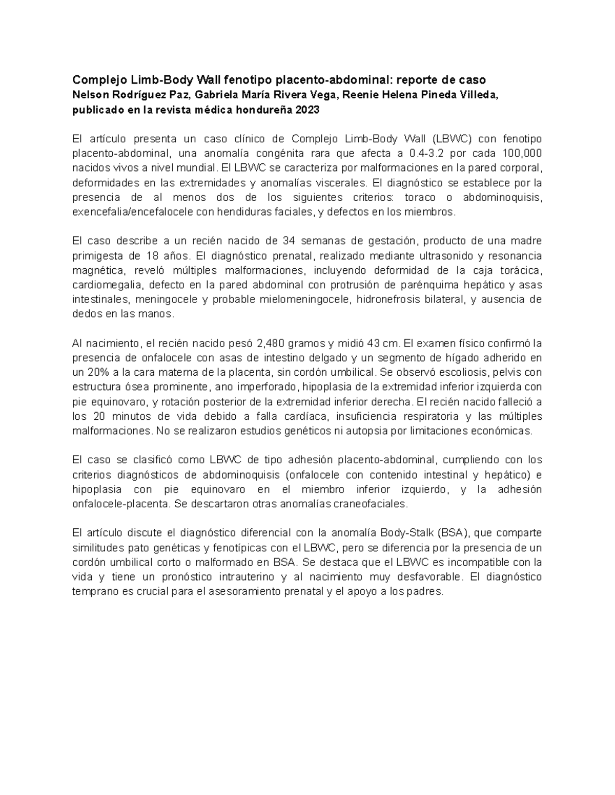 Reporte de Caso: Complejo Limb-Body Wall (LBWC) y Fenotipo Abdominal ...
