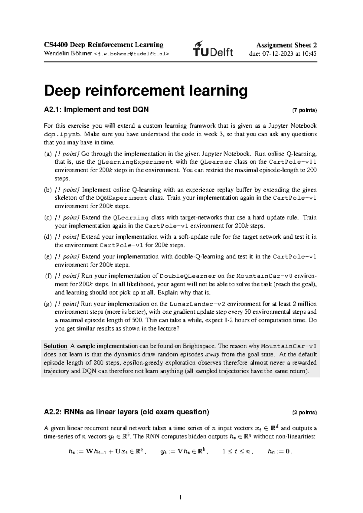 Deep Reinforcement Learning Assignment 2 Solutions (CSAI 2023 ...