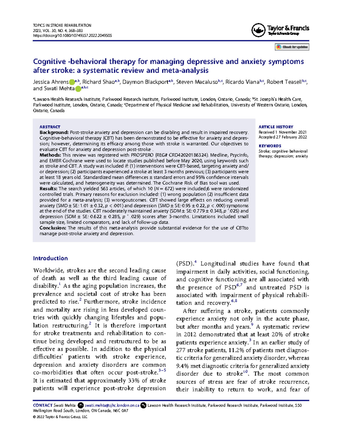 Cognitive Behavioral Therapy (CBT) for Managing Post-Stroke Anxiety ...
