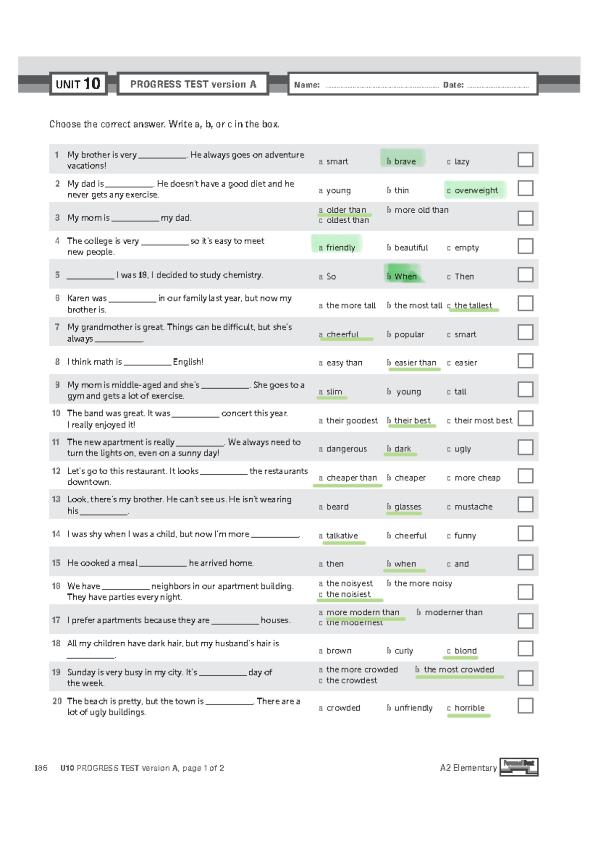 Unit 10 Progress Test A2 - Elementary Level - Studocu