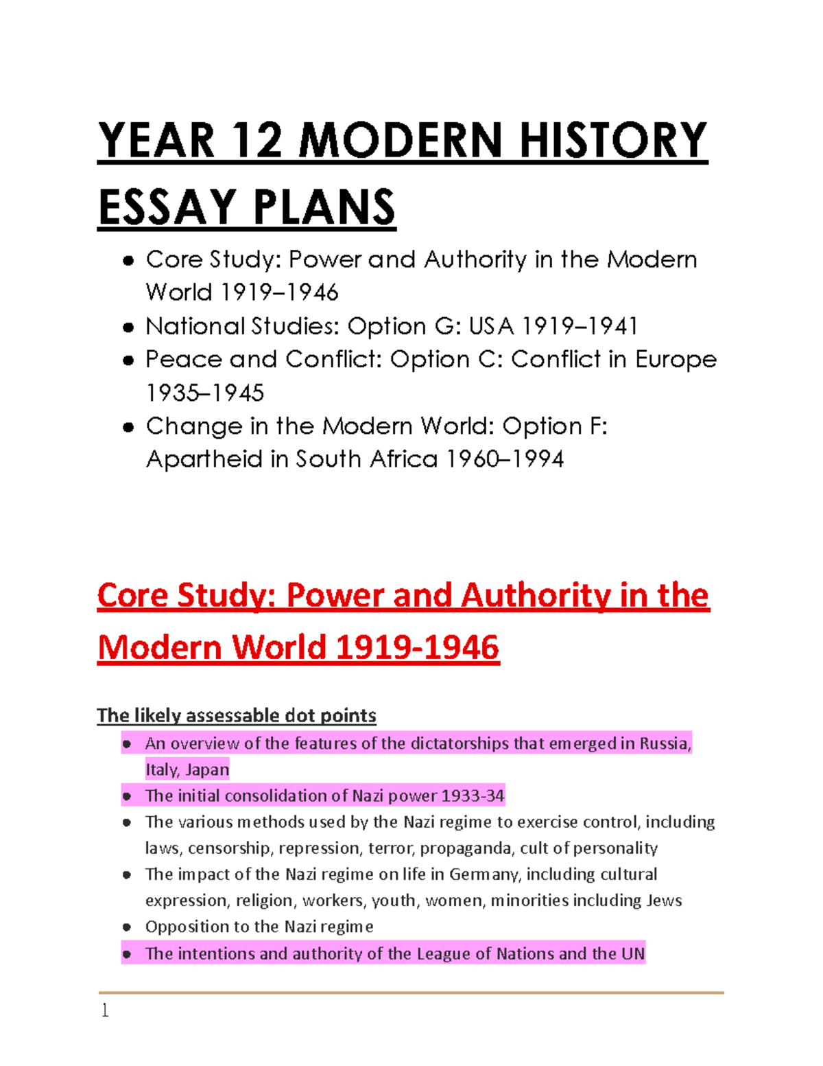 YEAR 12 MODERN HISTORY ESSAY PLANS: Power, Authority & Conflict - Studocu