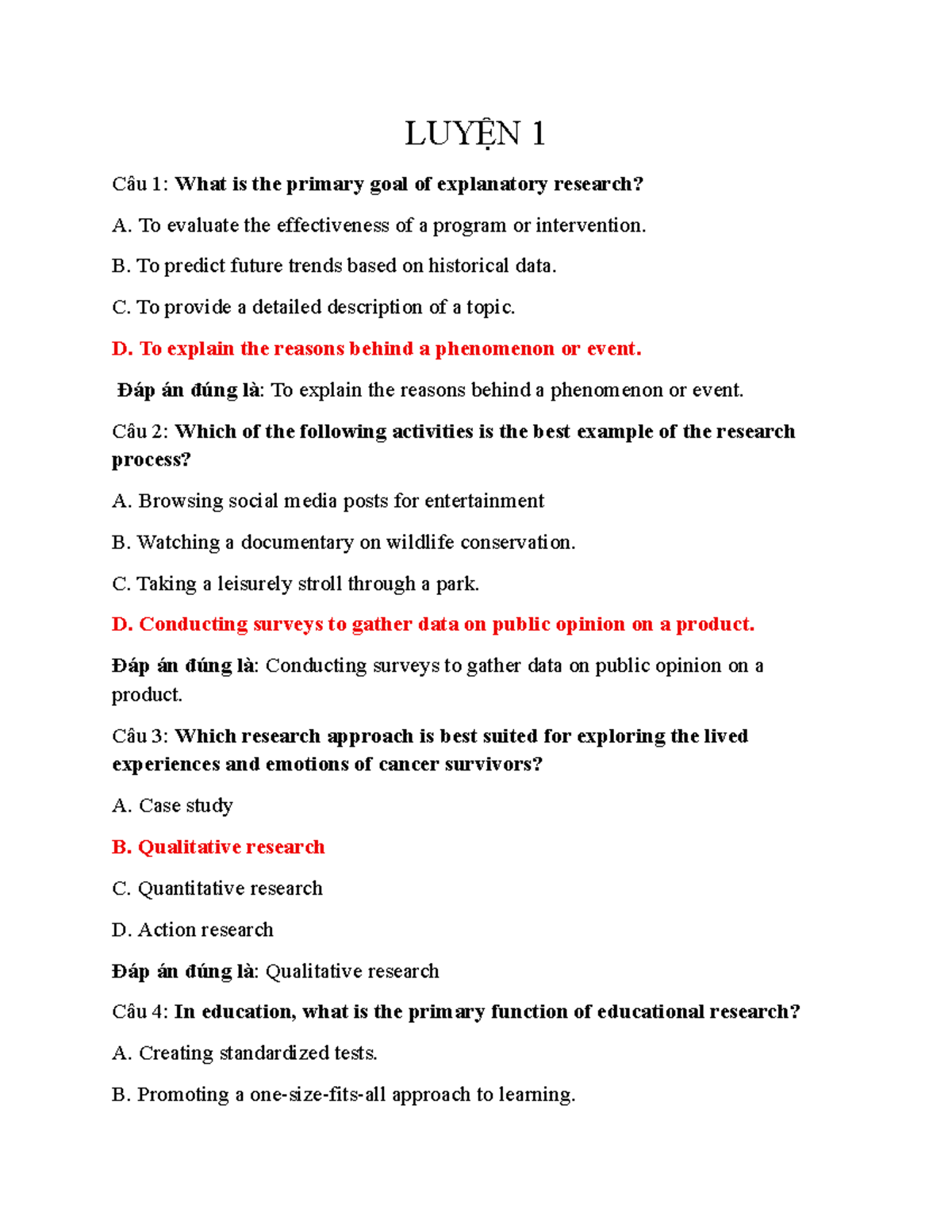 LUYỆN TẬP 2: Câu hỏi và Đáp án về Nghiên cứu và Giả thuyết - Document Preview