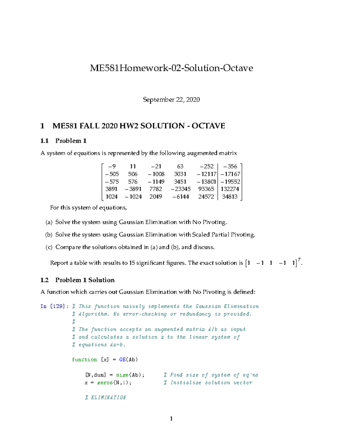 ME581 Fall 2020 Homework 02 Solution Using Octave Programming - Studocu