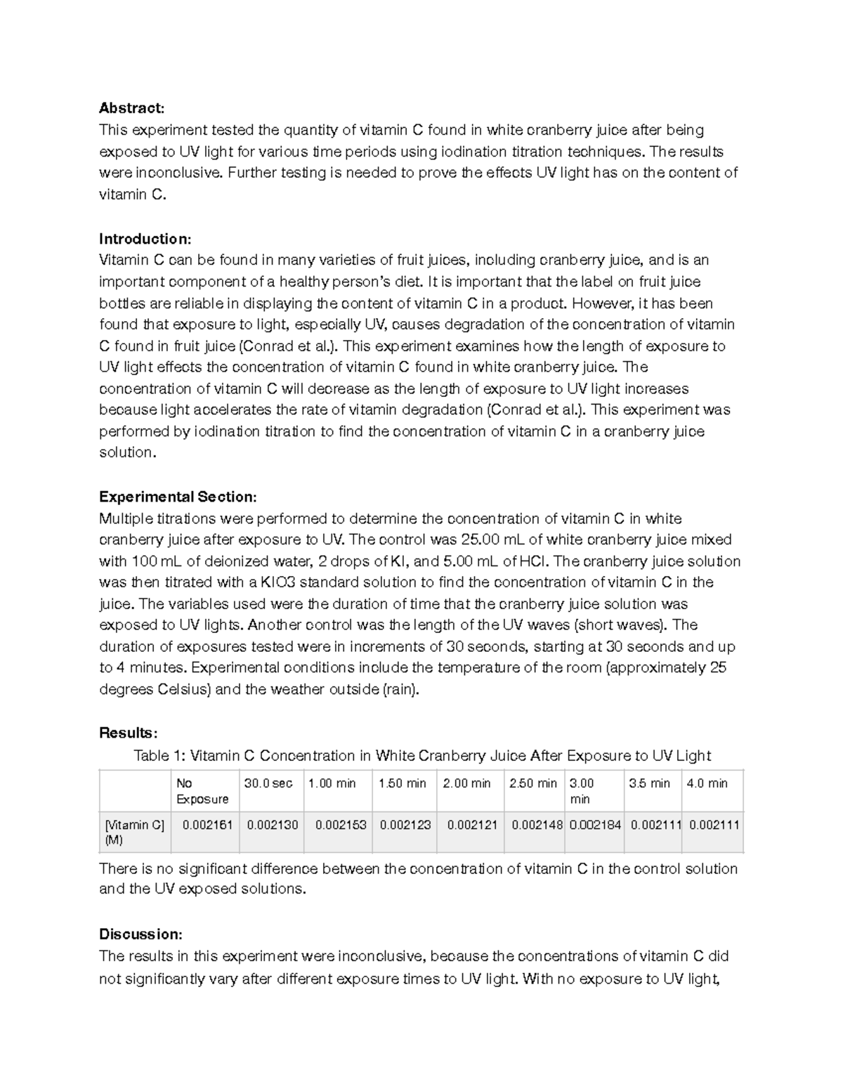 Experiment 9 Report: Effects of UV Exposure on Vitamin C in Juice - Studocu