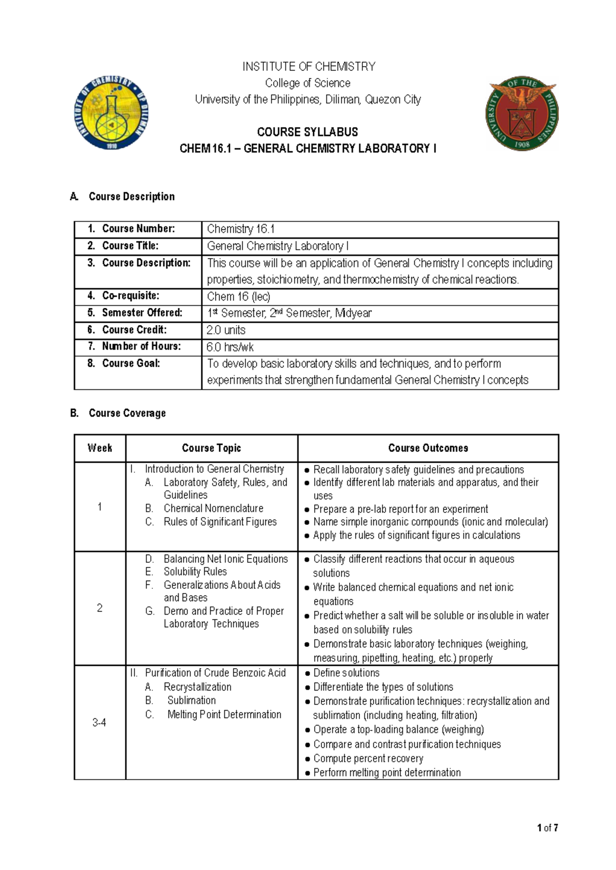 CHEM 16.1 General Chemistry Laboratory I Course Syllabus and Overview ...