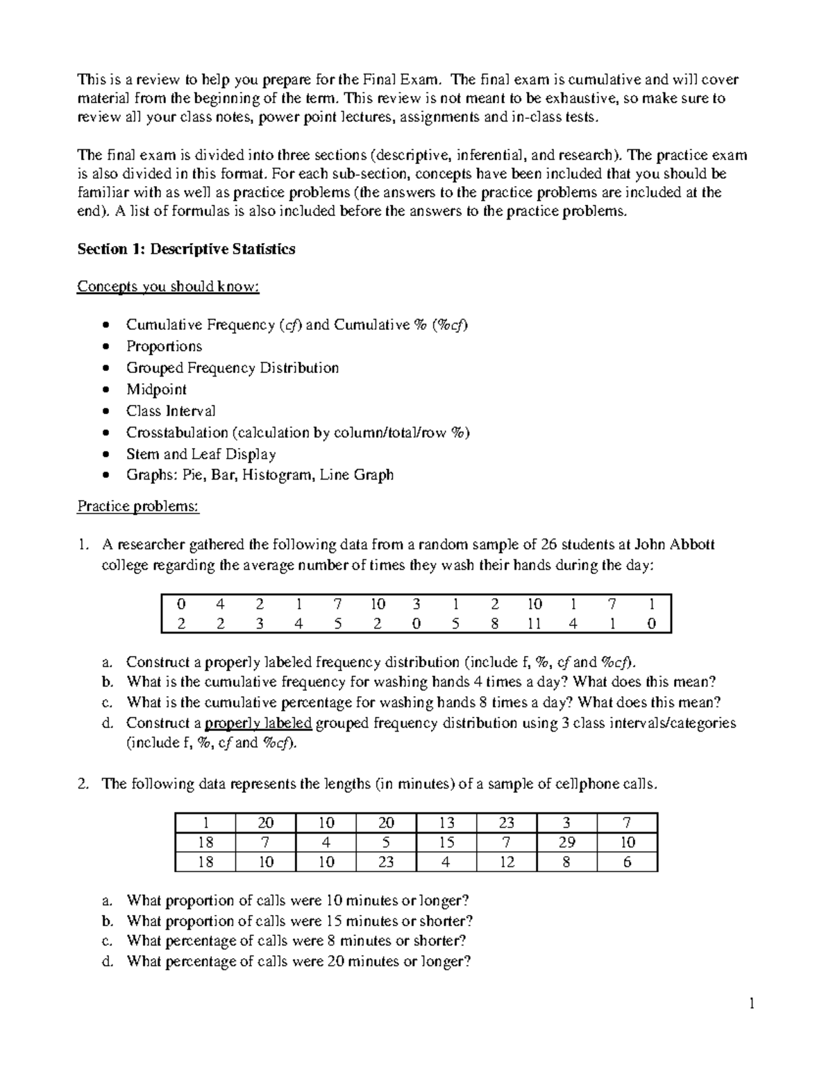 Practice Final Exam Review for Statistics (Course: QMS101) - Studocu