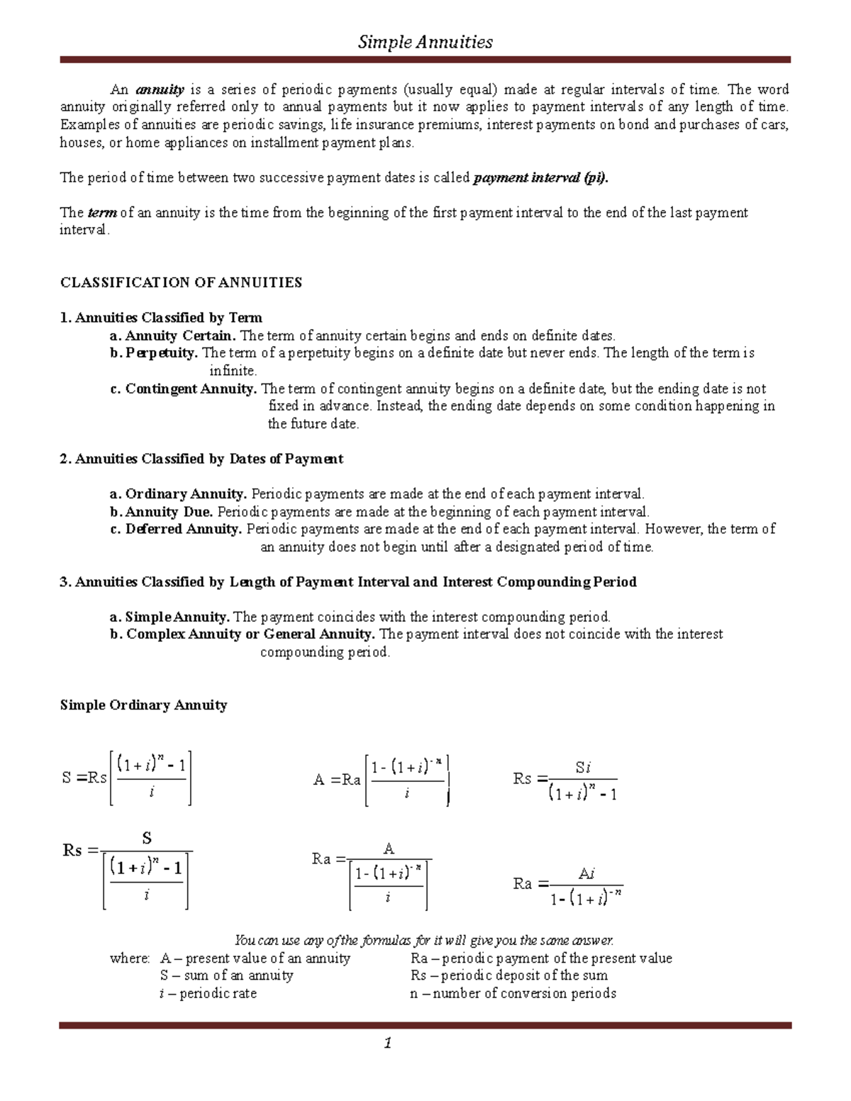 Simple Annuities - Lecture Notes 1: Concepts and Formulas - Studocu