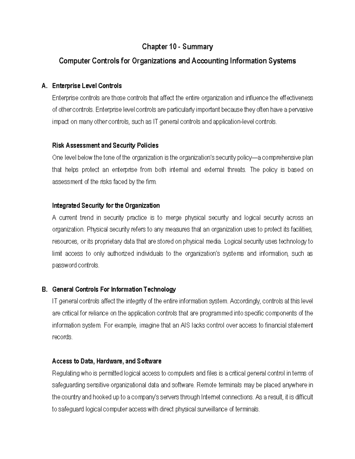 Chapter 10 - Summary of Computer Controls & AIS Security Policies - Studocu