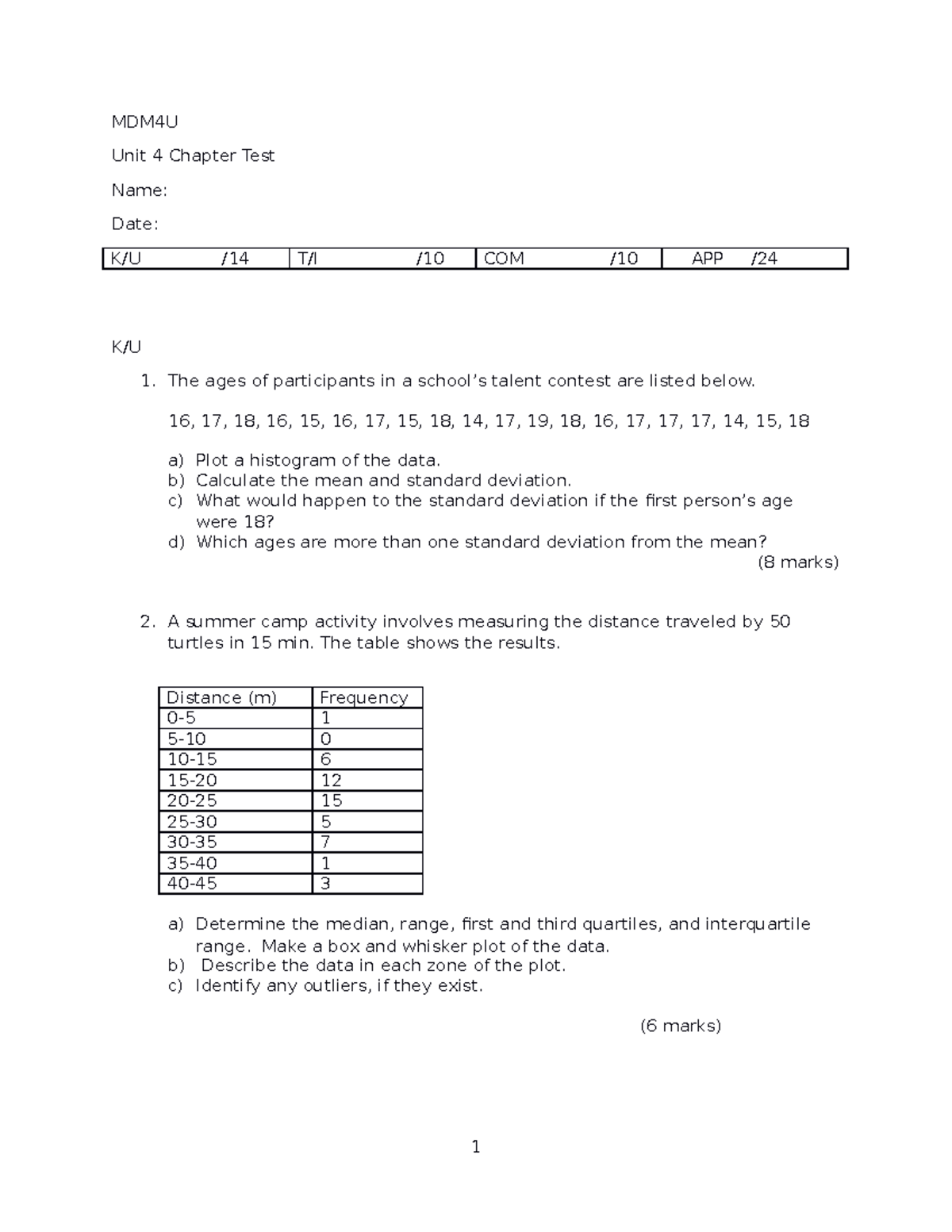 MDM4U Unit 4 Chapter Test: Data Analysis & Statistics - Studocu