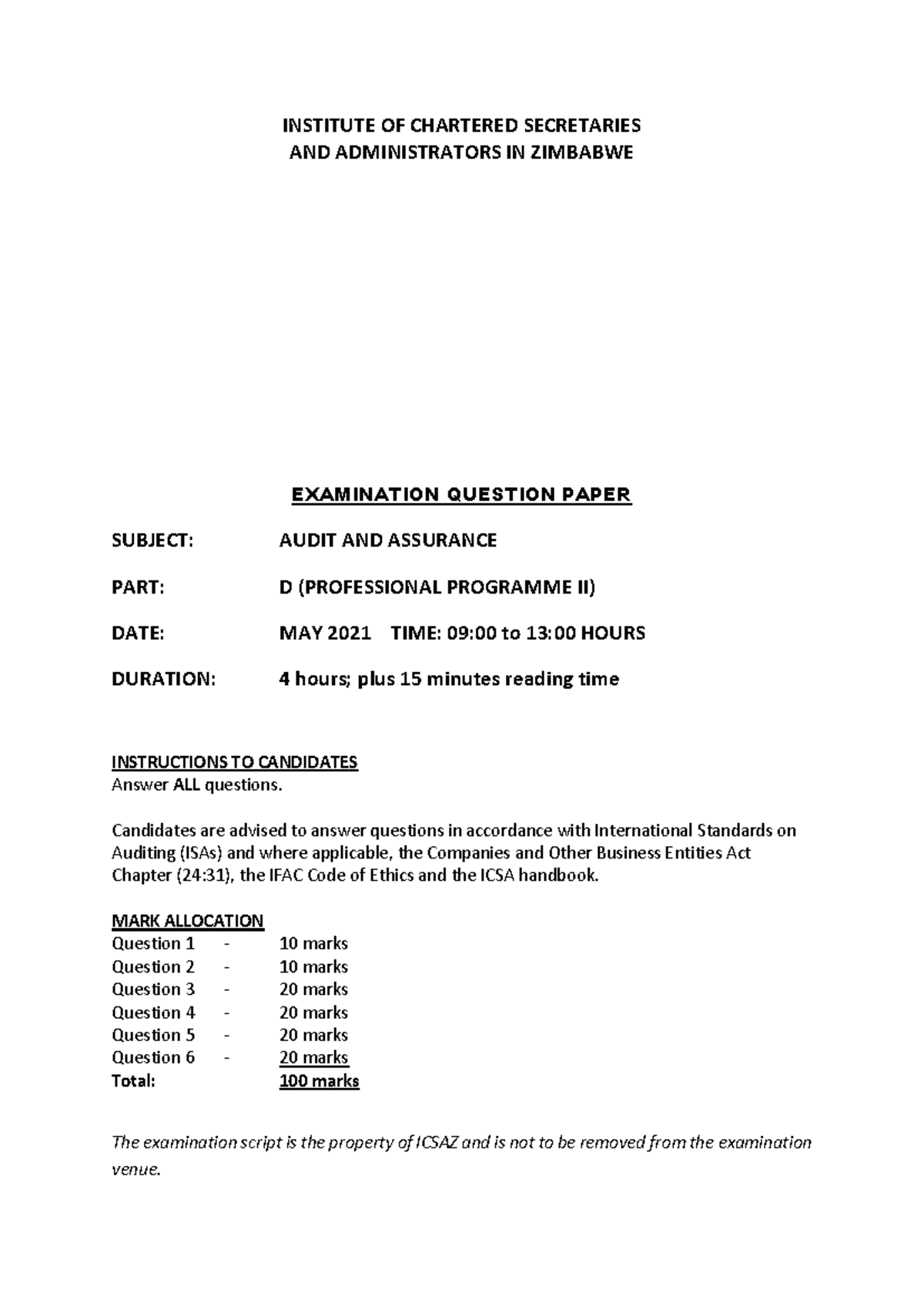 Audit and Assurance May 2021 Examination Question Paper Analysis - Studocu