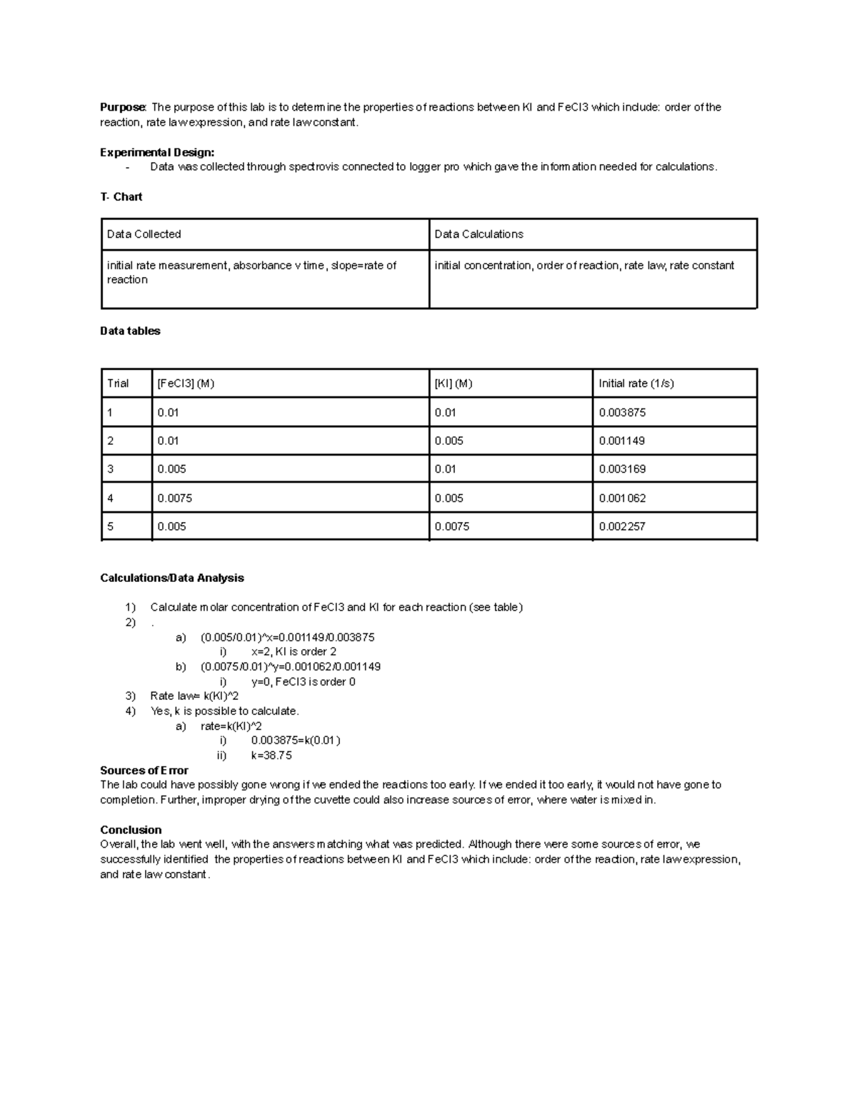 Chemistry Lab Report: Rate and Order of Reaction (Chem 101) - Studocu