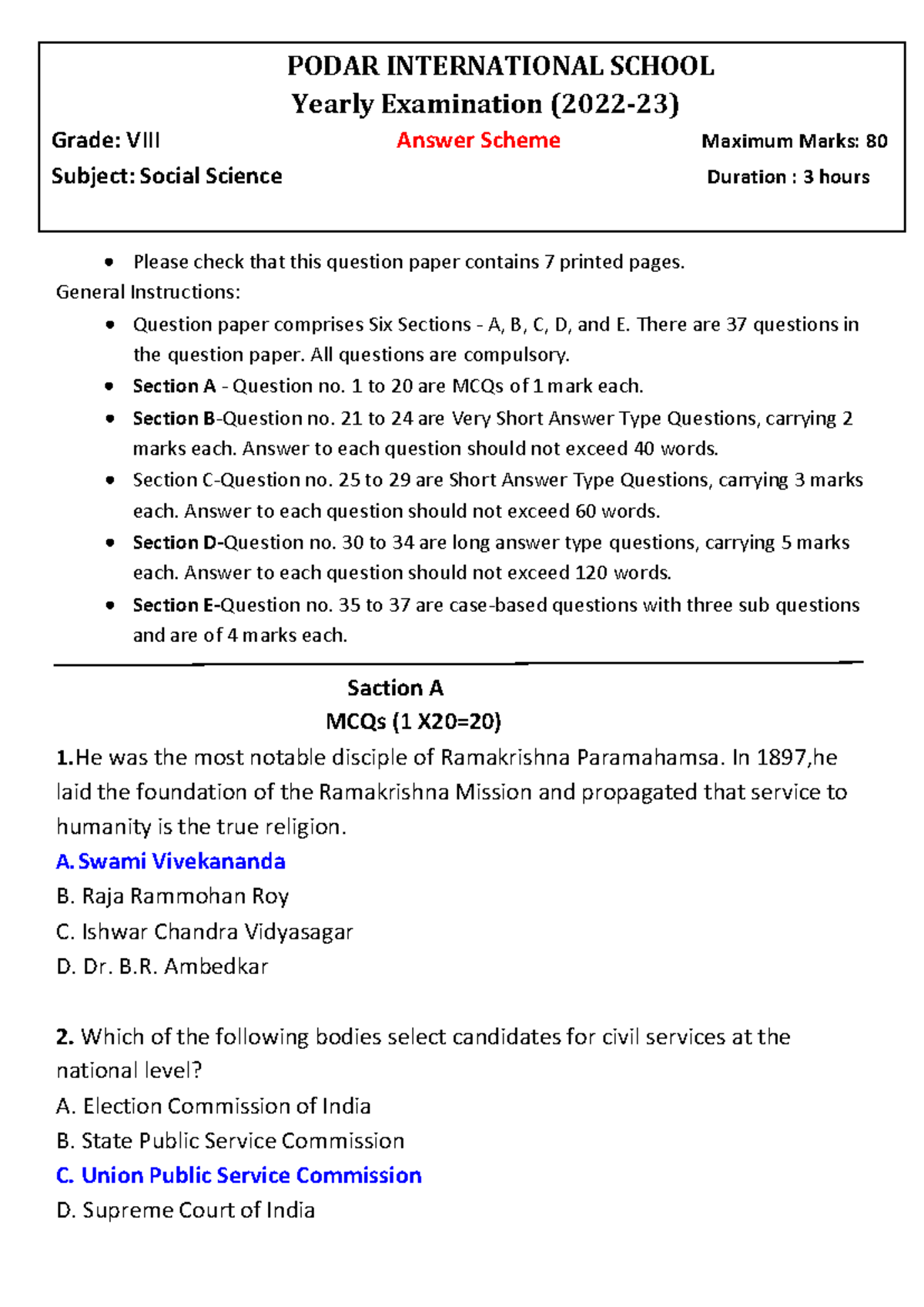 PODAR INTERNATIONAL SCHOOL Grade VIII Yearly Exam Question Paper 2022-23 - Document Preview