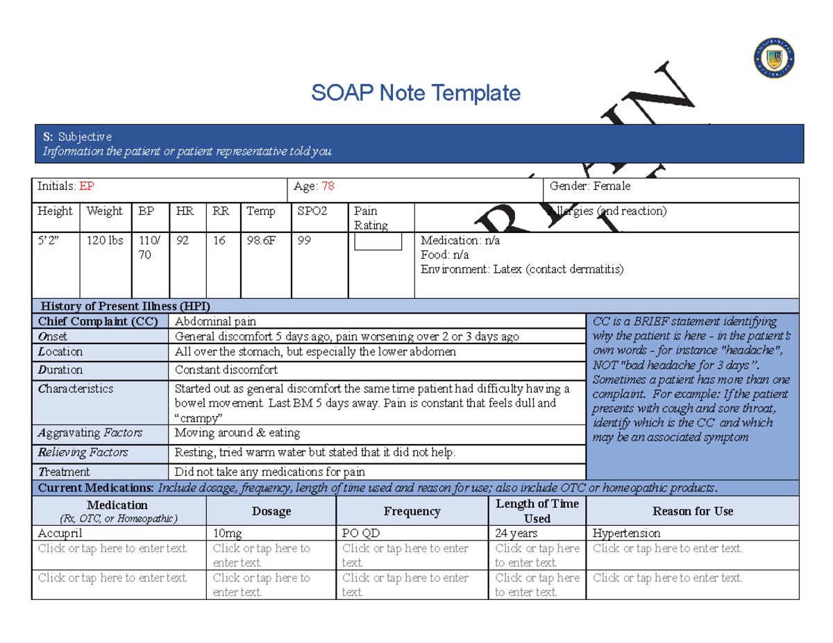 Week 5 - Comprehensive SOAP Notes Template for Patient Assessment - Studocu