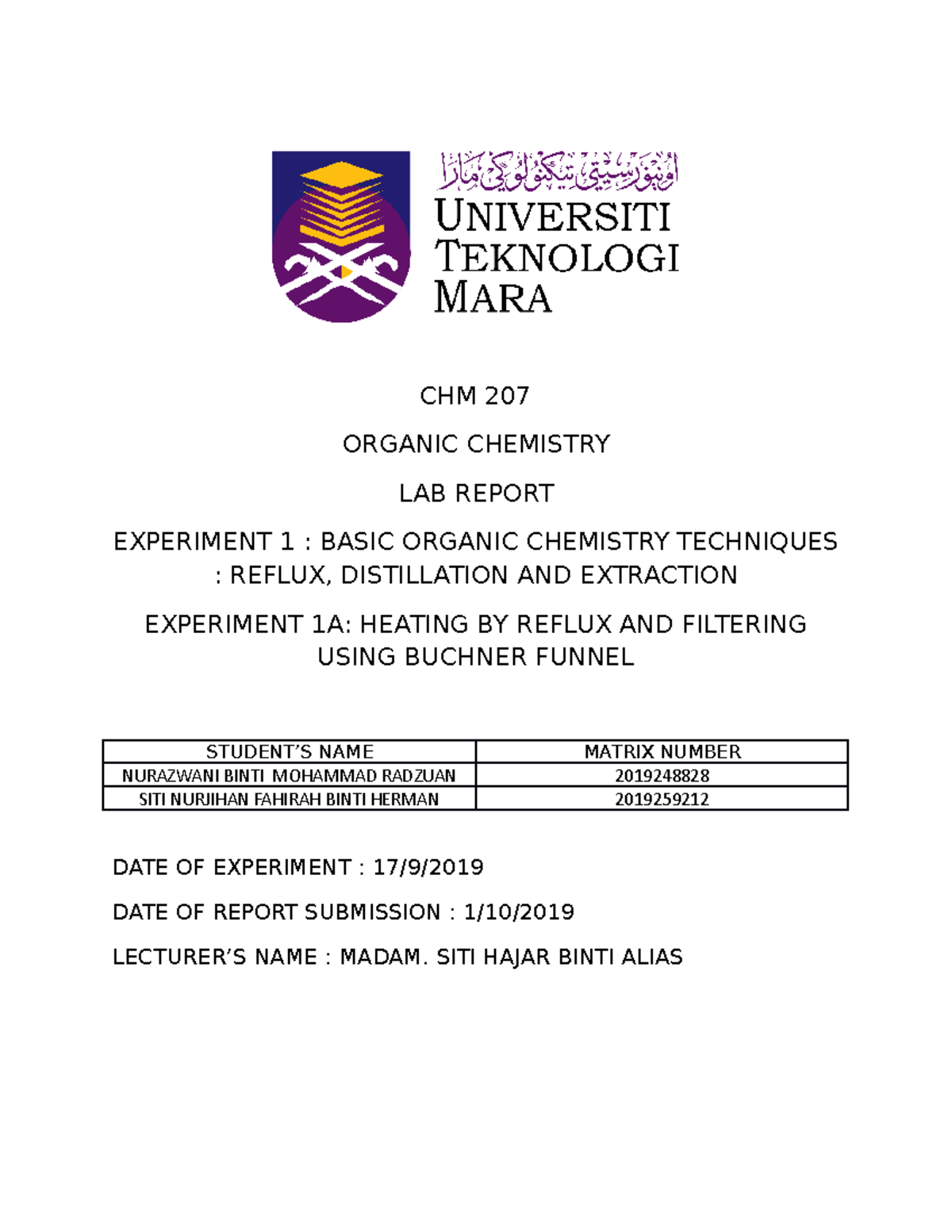 CHM207 Lab Report 1: Basic Organic Chemistry Techniques & Reflux - Studocu