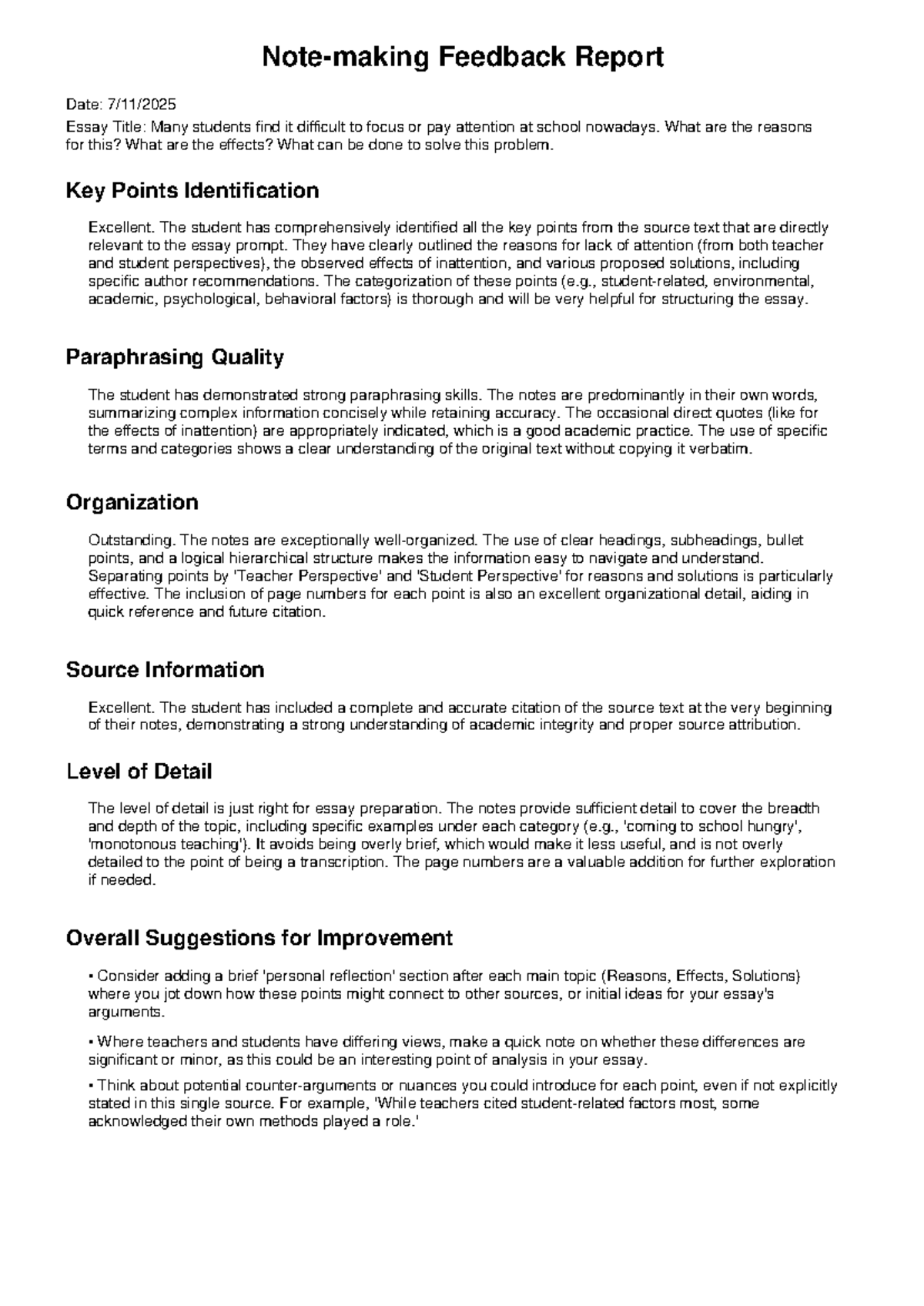 Essay Notes Feedback Report: Attention Issues in Education - Studocu