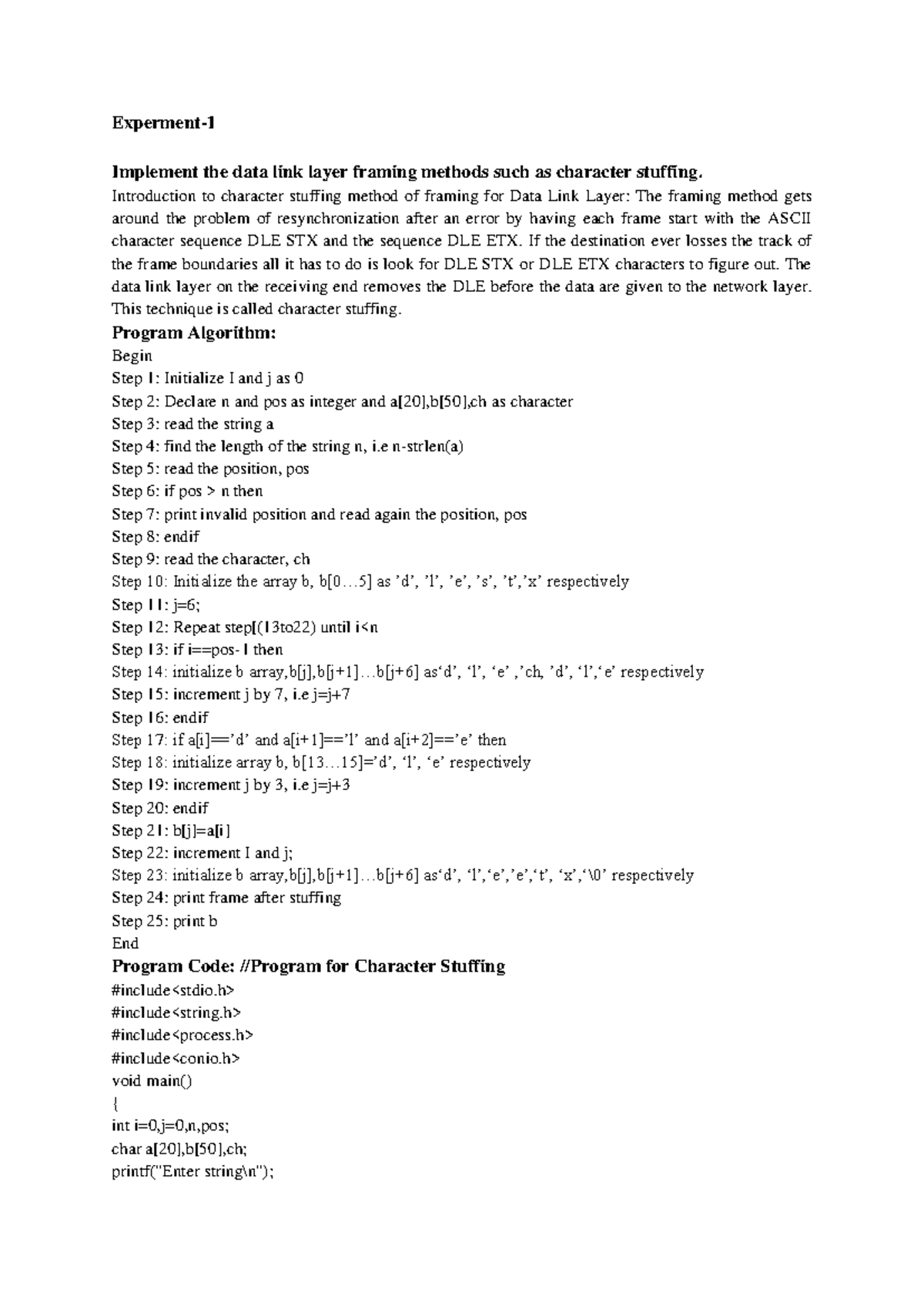 CN LAB Programs R20: Data Link Layer Framing Methods and Algorithms ...