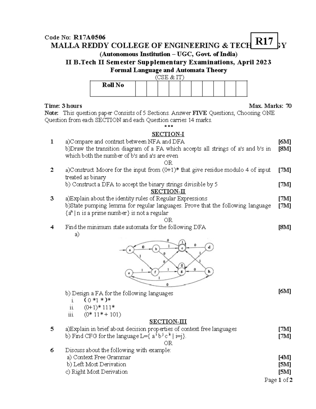 FLAT-1: Formal Language and Automata Theory Exam Notes (R17) - Studocu