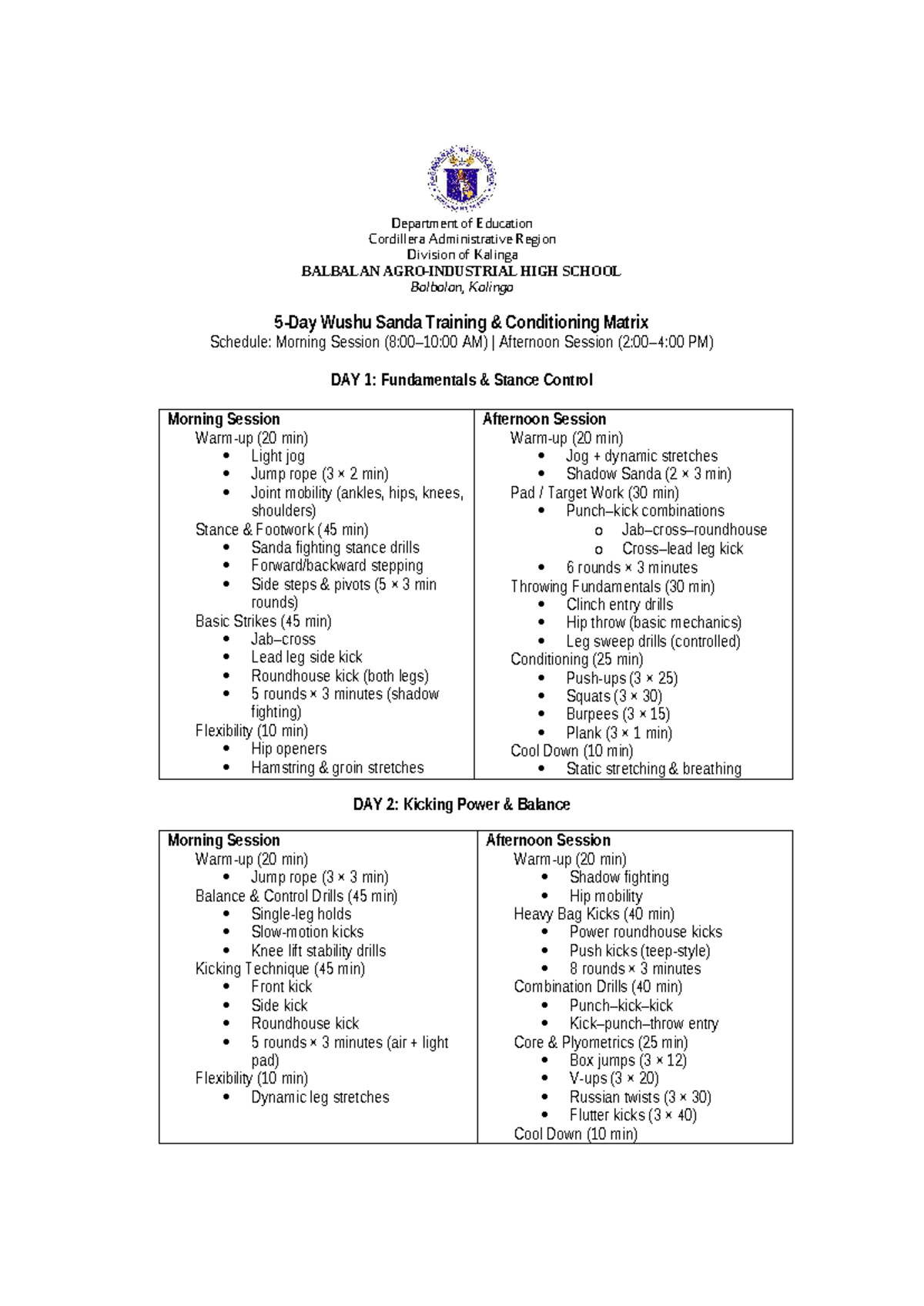 5-Day Wushu Sanda Training Matrix Schedule (Course Code: 983963397 ...