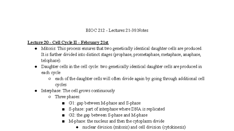 BIOC 212 Final Exam Notes: Cell Cycle and Mitosis Overview - Studocu
