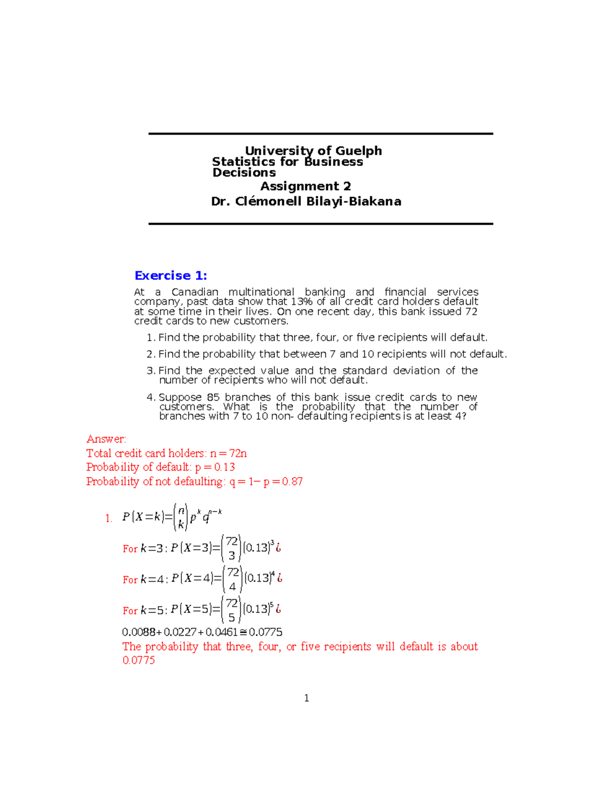 Statistics for Business Decisions (STAT 1234) Assignment 2 Solutions ...