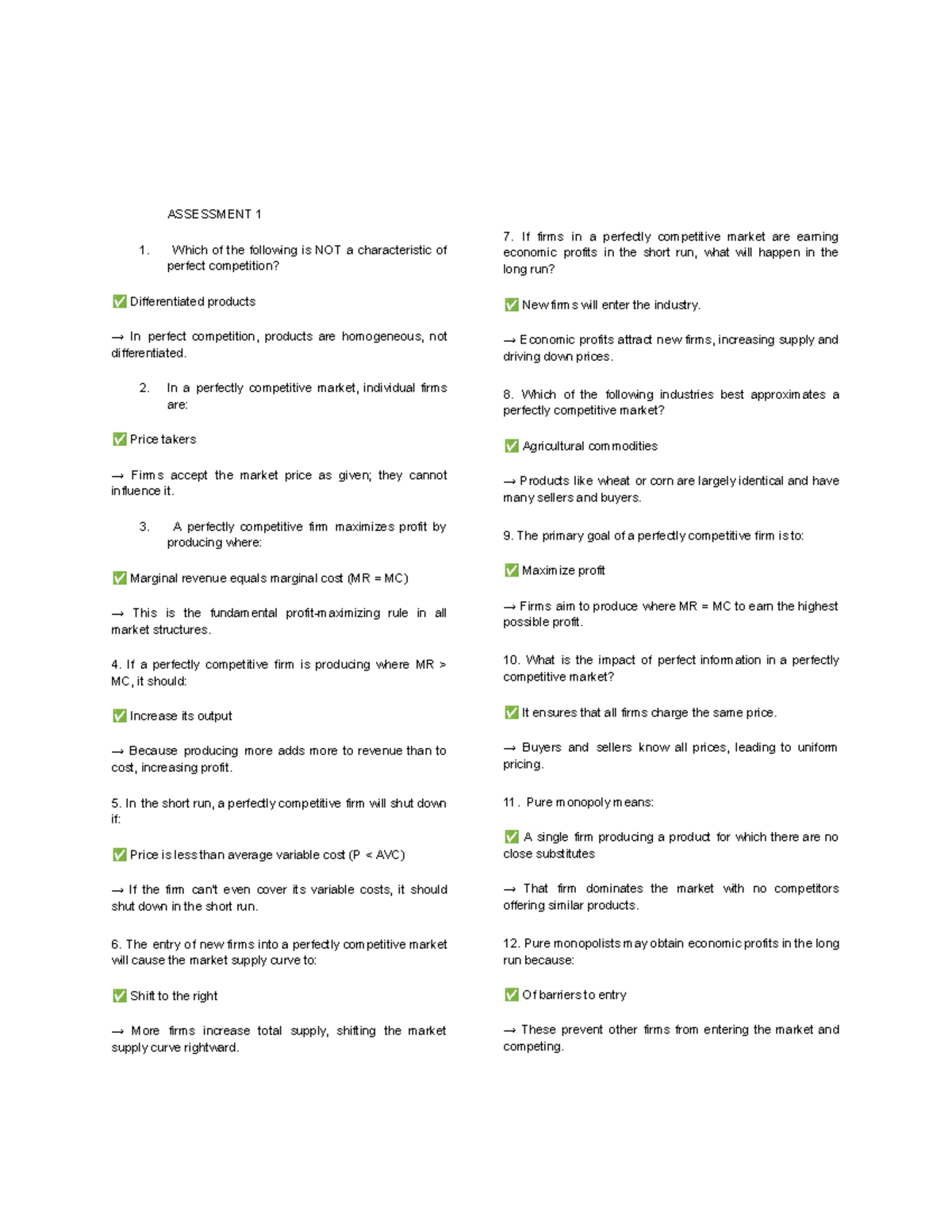 Assessment 1 & 2: Characteristics of Perfect Competition and Monopoly ...