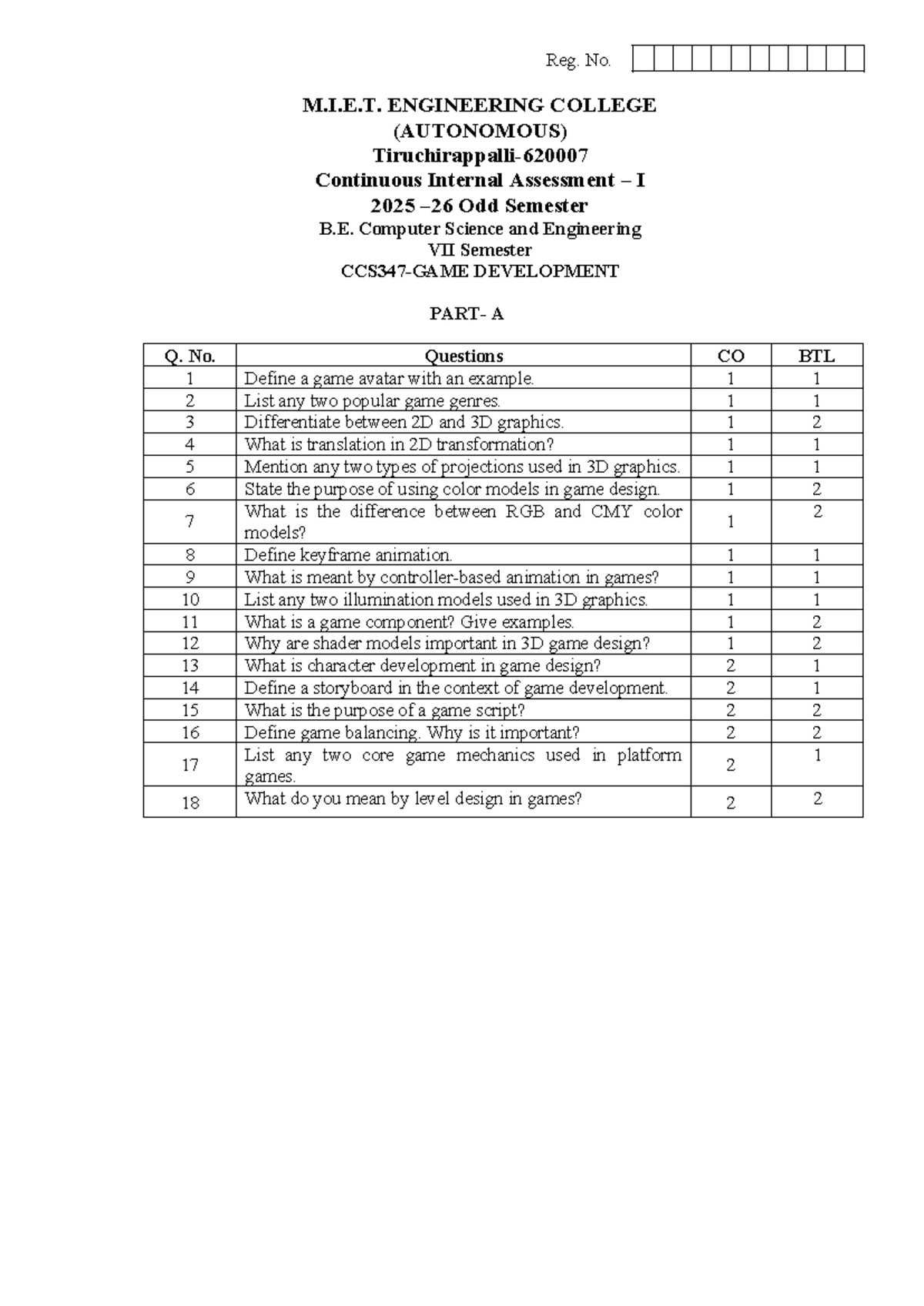 CCS347 - Game Development Continuous Internal Assessment I 2025 - Studocu