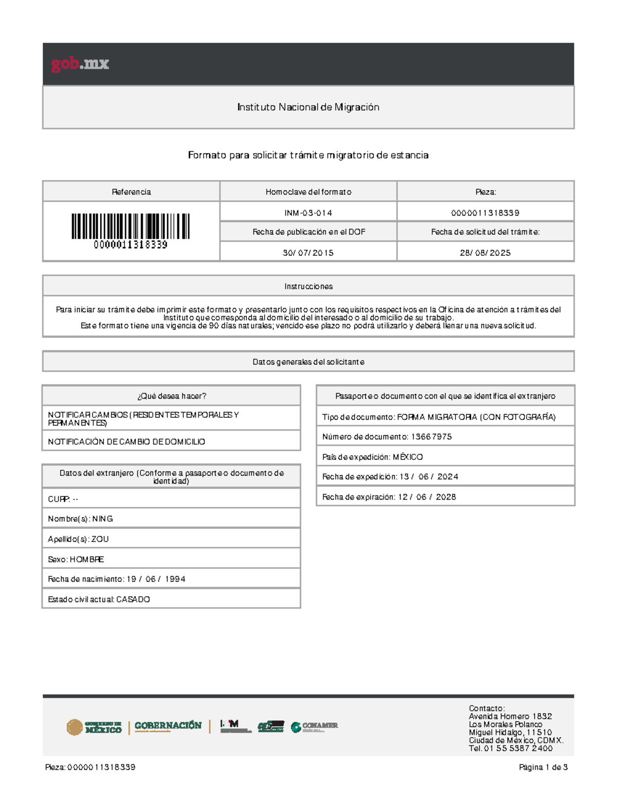 Formato INM para Solicitar Trámite Migratorio - Pieza 0000011318339 ...