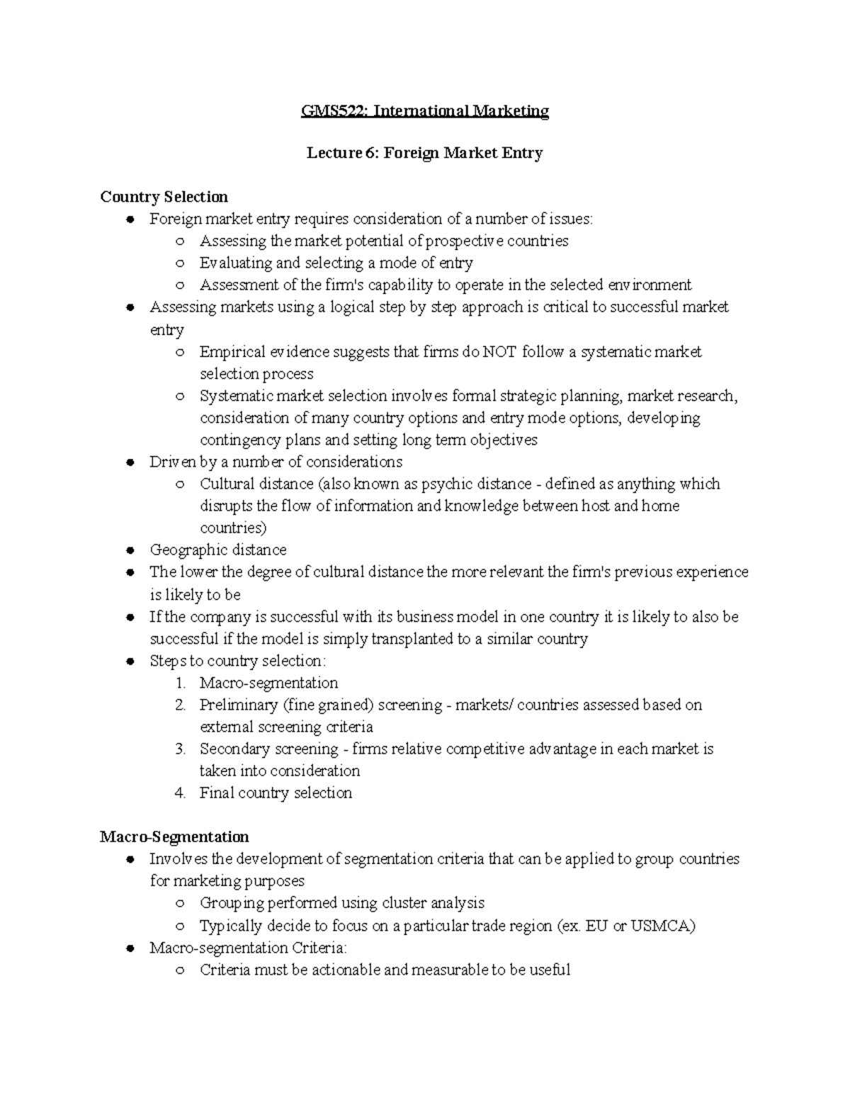 GMS522 Lecture 6: Strategies for Foreign Market Entry & Country ...