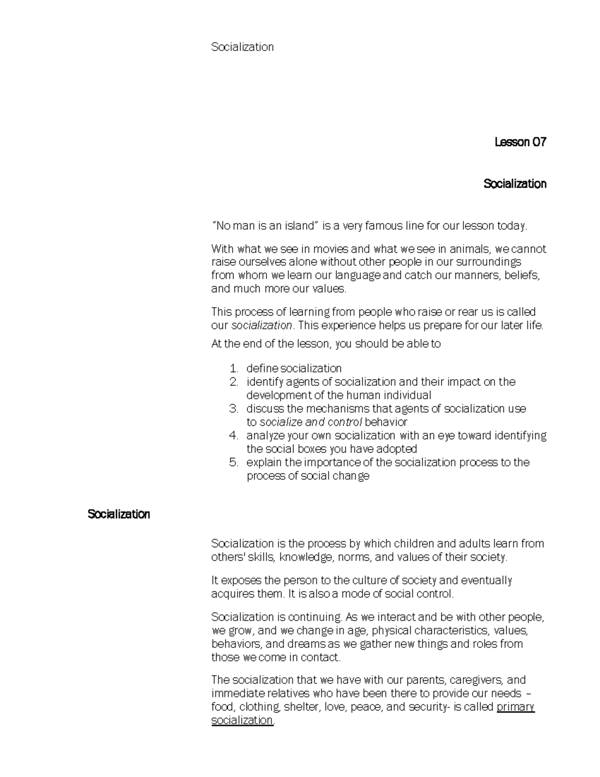 Module 7: Understanding Socialization and Its Agents in Society - Studocu