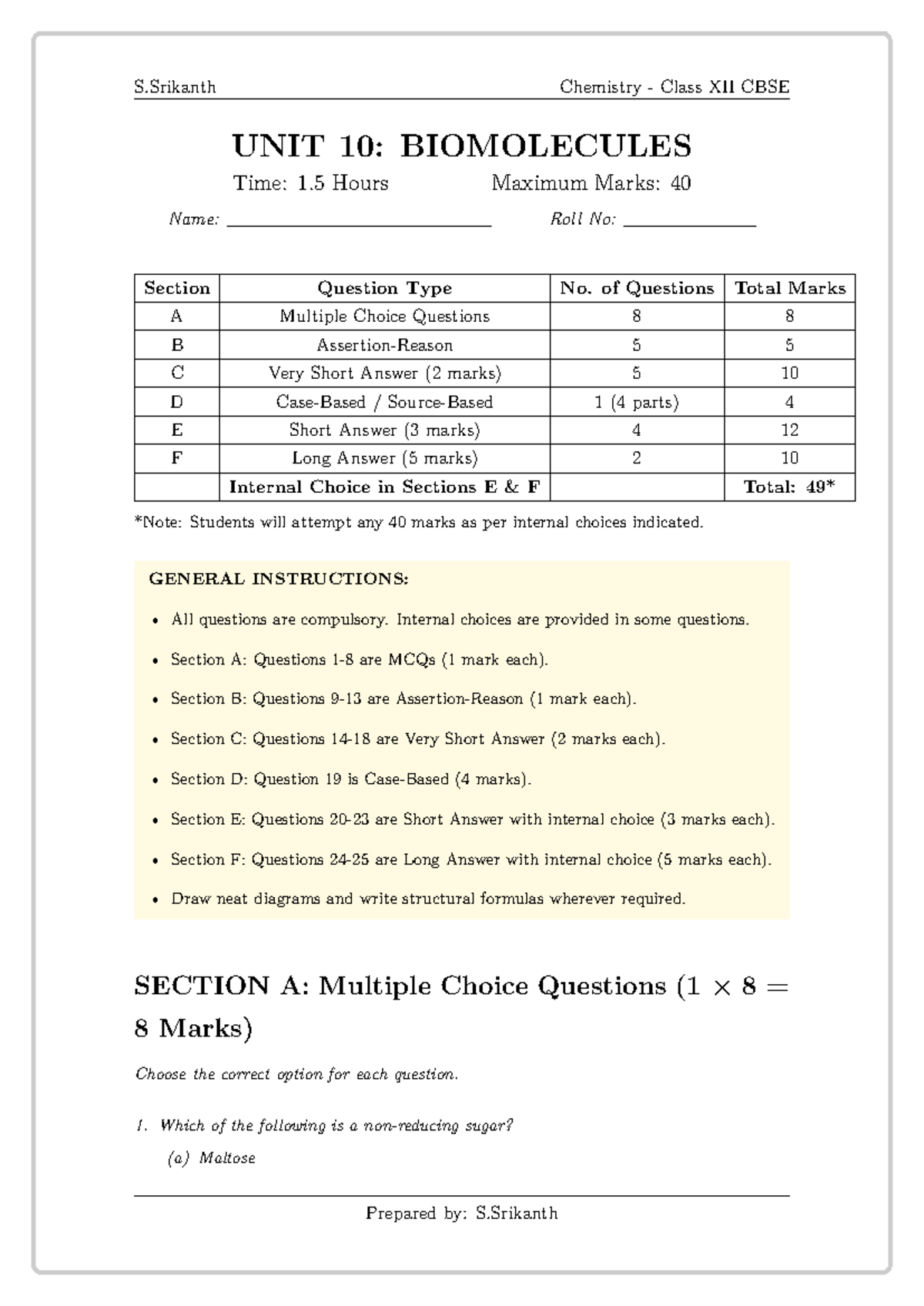 Biomolecules Question Paper - CBSE Class XII Chemistry Unit 10 - Studocu
