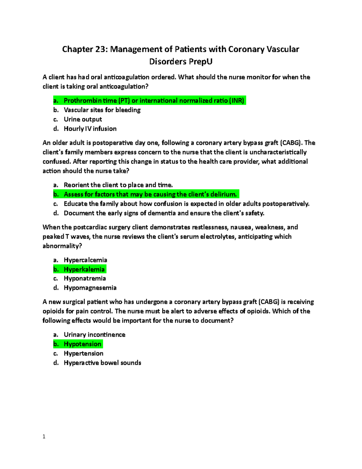 Management of Patients with Coronary Vascular Disorders Prep U Notes ...