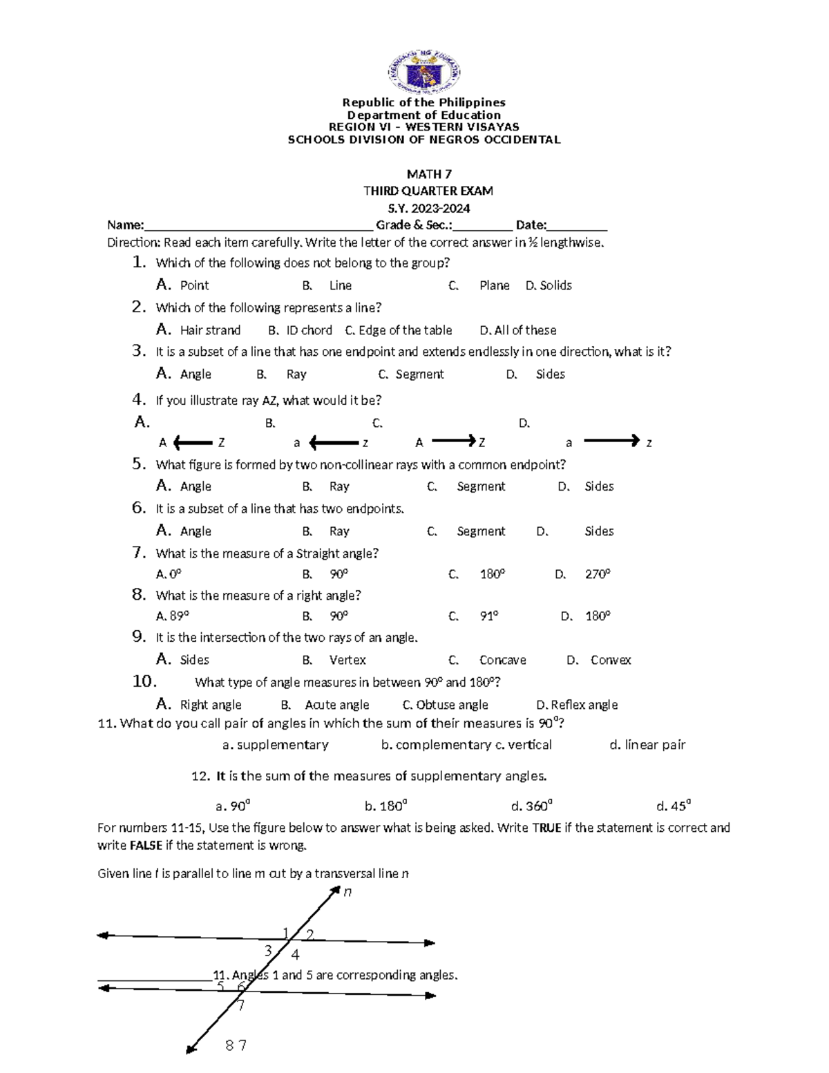 MATH 7 THIRD QUARTER EXAM S.Y. 2023 - REVIEW QUESTIONS - Studocu