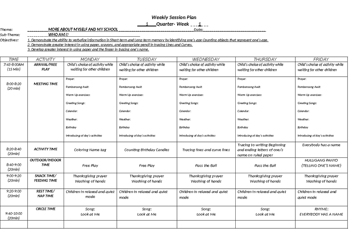 PRE-K2 Weekly Session Plan: About Myself and My School Activities - Studocu