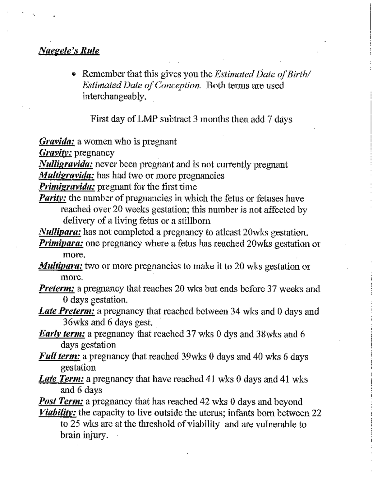 Naegle's Rule Worksheet for Estimating Due Dates - Studocu