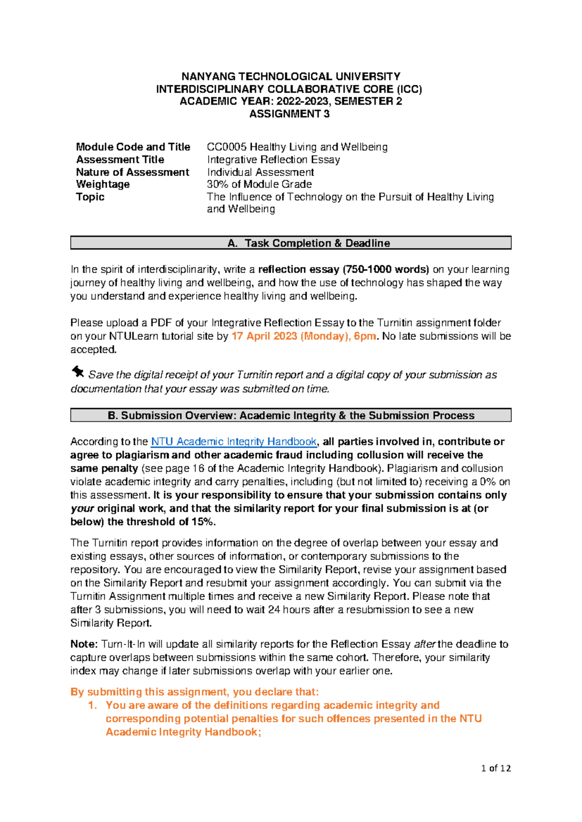 CC0005 Integrative Reflection Essay Students Handout AY22-23 Sem2 ...