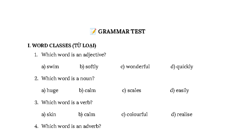 Grammar Test I: Word Classes (TỪ LOẠI) - Adjectives, Nouns, Verbs - Studocu